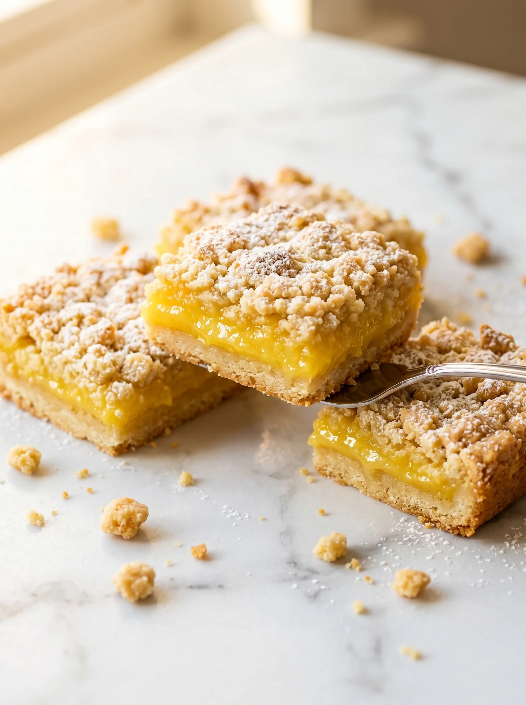 A fork is stuck in a piece of lemon bar.