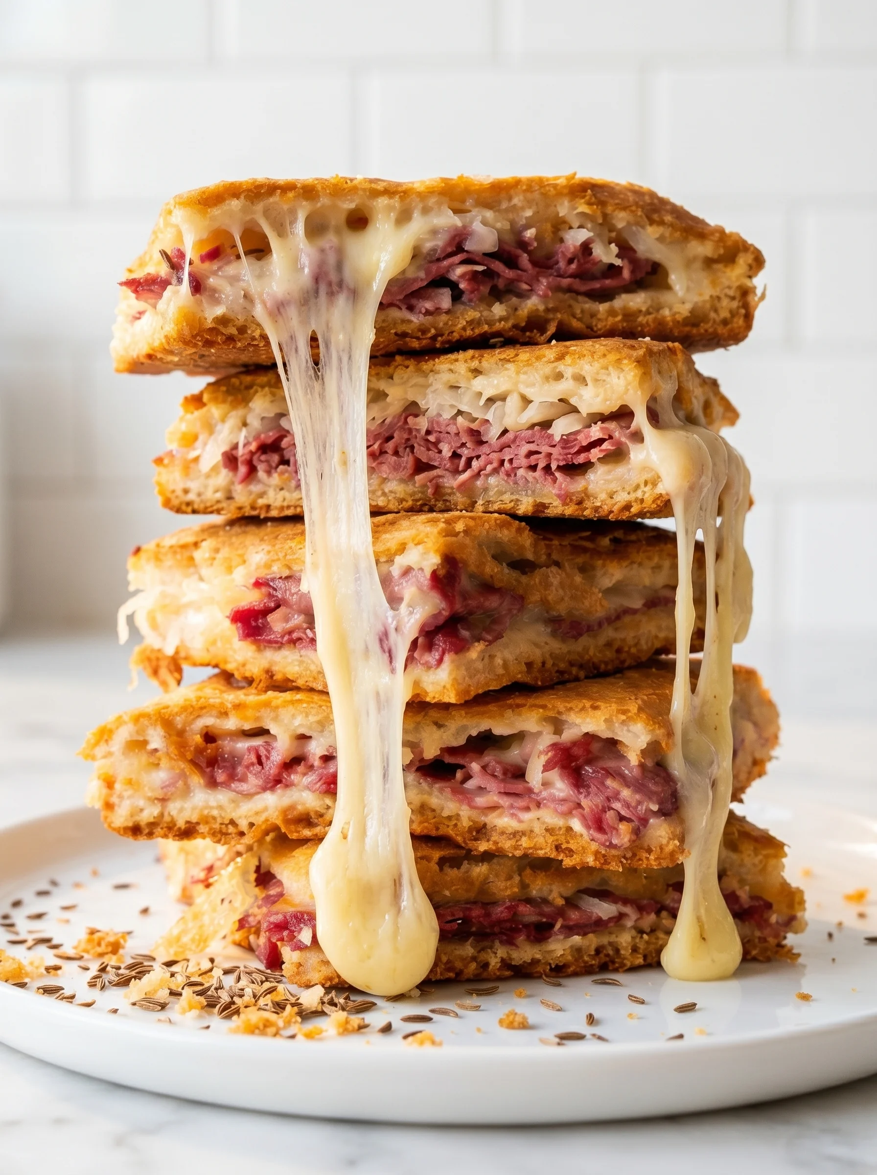 A stack of Reuben sandwiches with melted cheese.