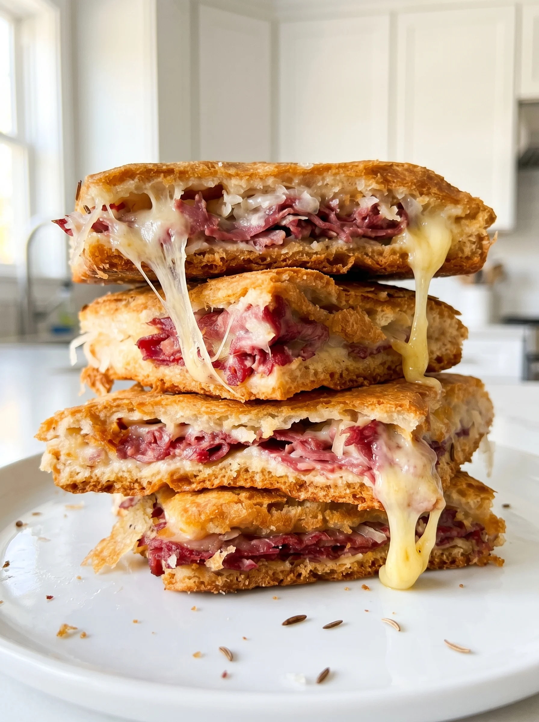 Three stacked Reuben sandwiches with cheese.