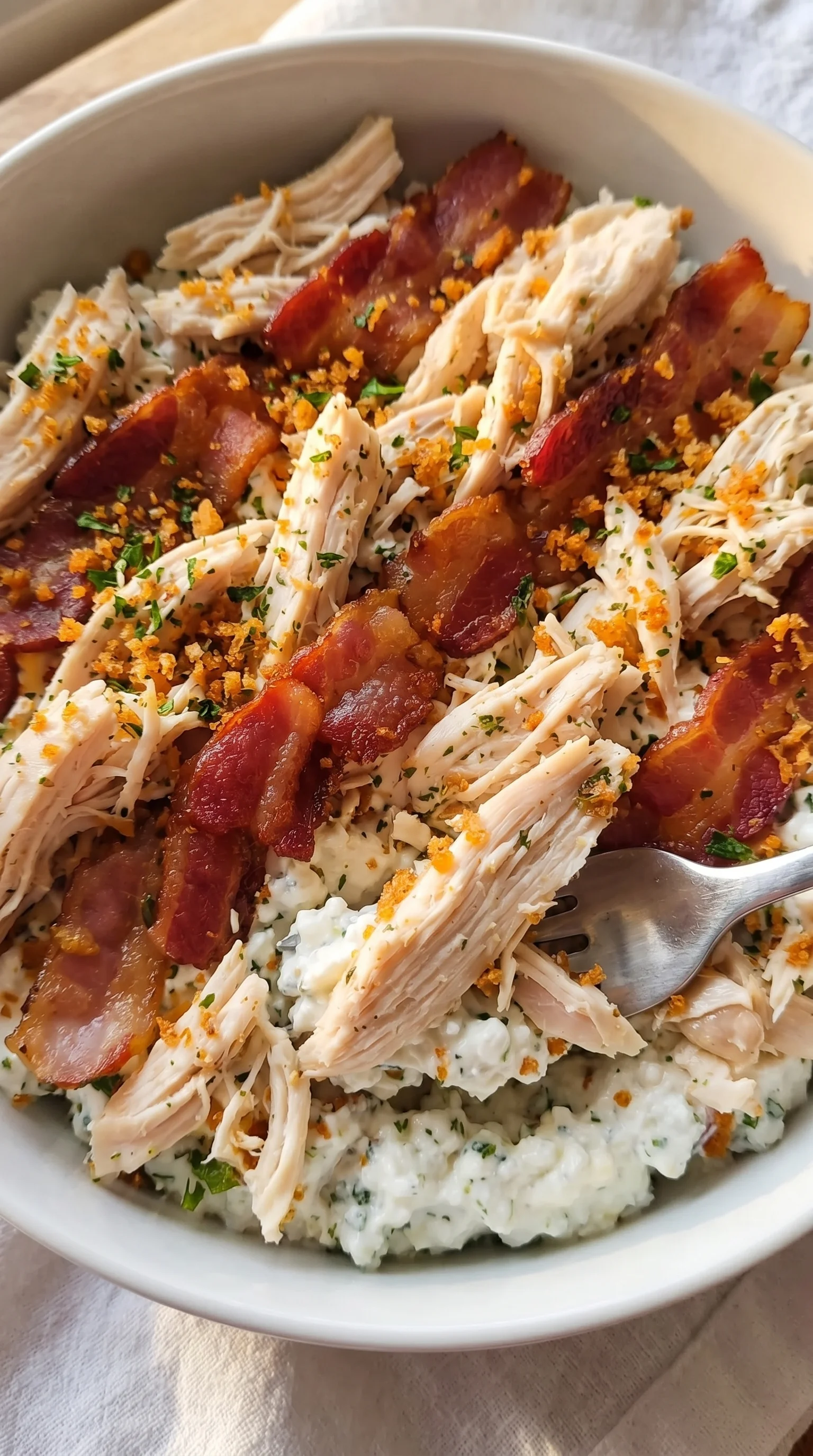 A bowl of chicken, bacon, and cottage cheese.