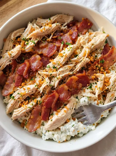 A bowl of chicken, bacon, and ranch cottage cheese.