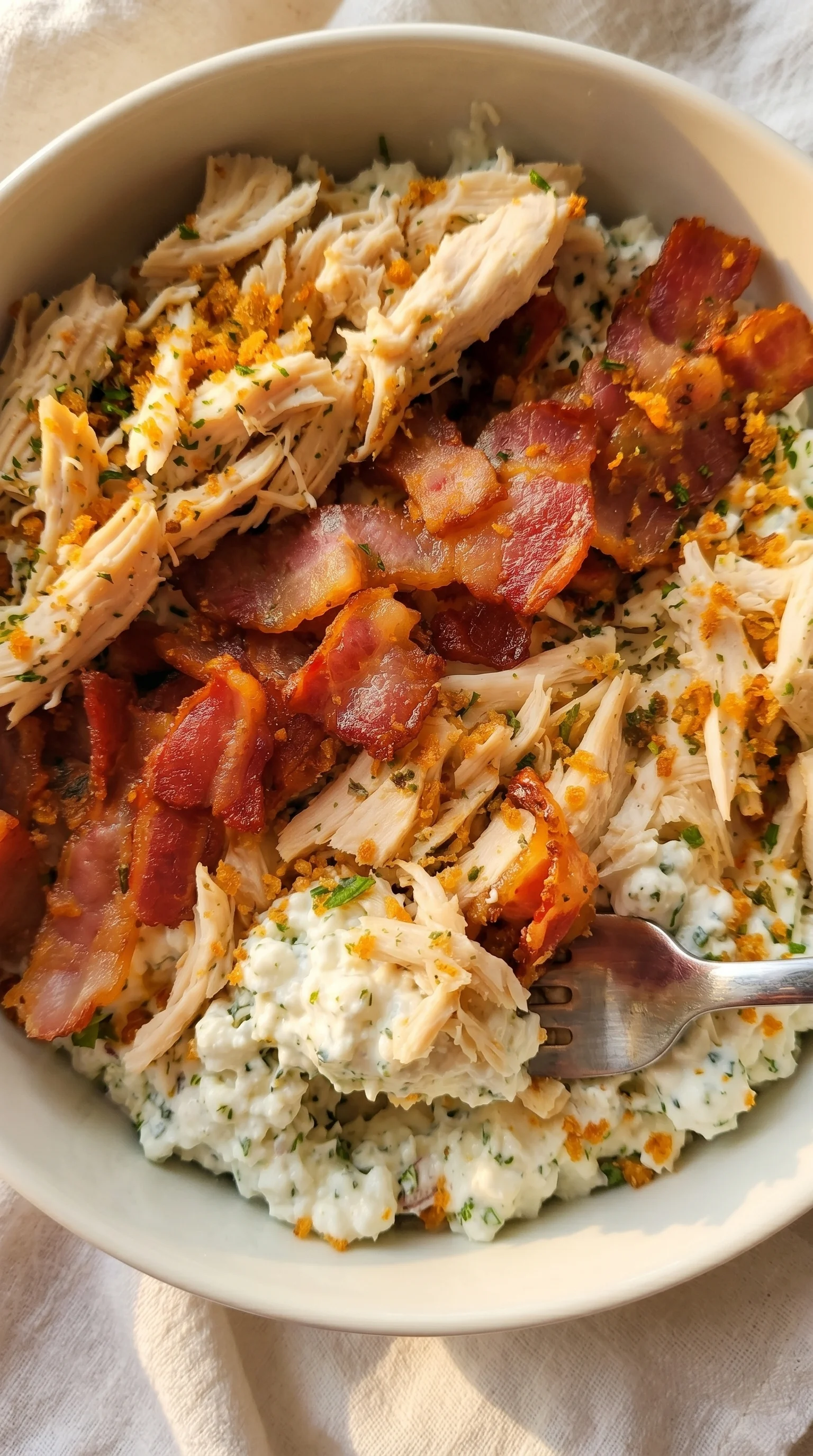 A bowl of chicken and ranch cottage cheese.
