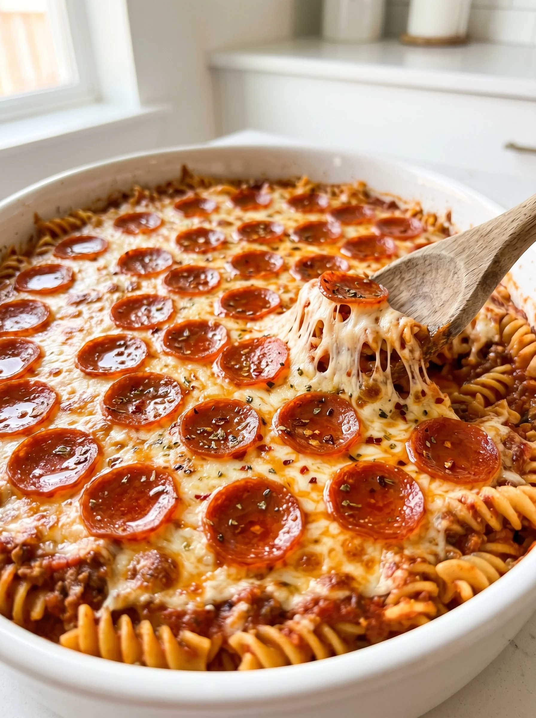 A crockpot pizza pasta dish with a spoon in it.