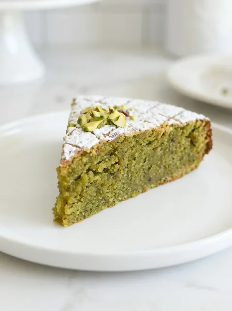 A slice of pistachio torta caprese on a white plate.