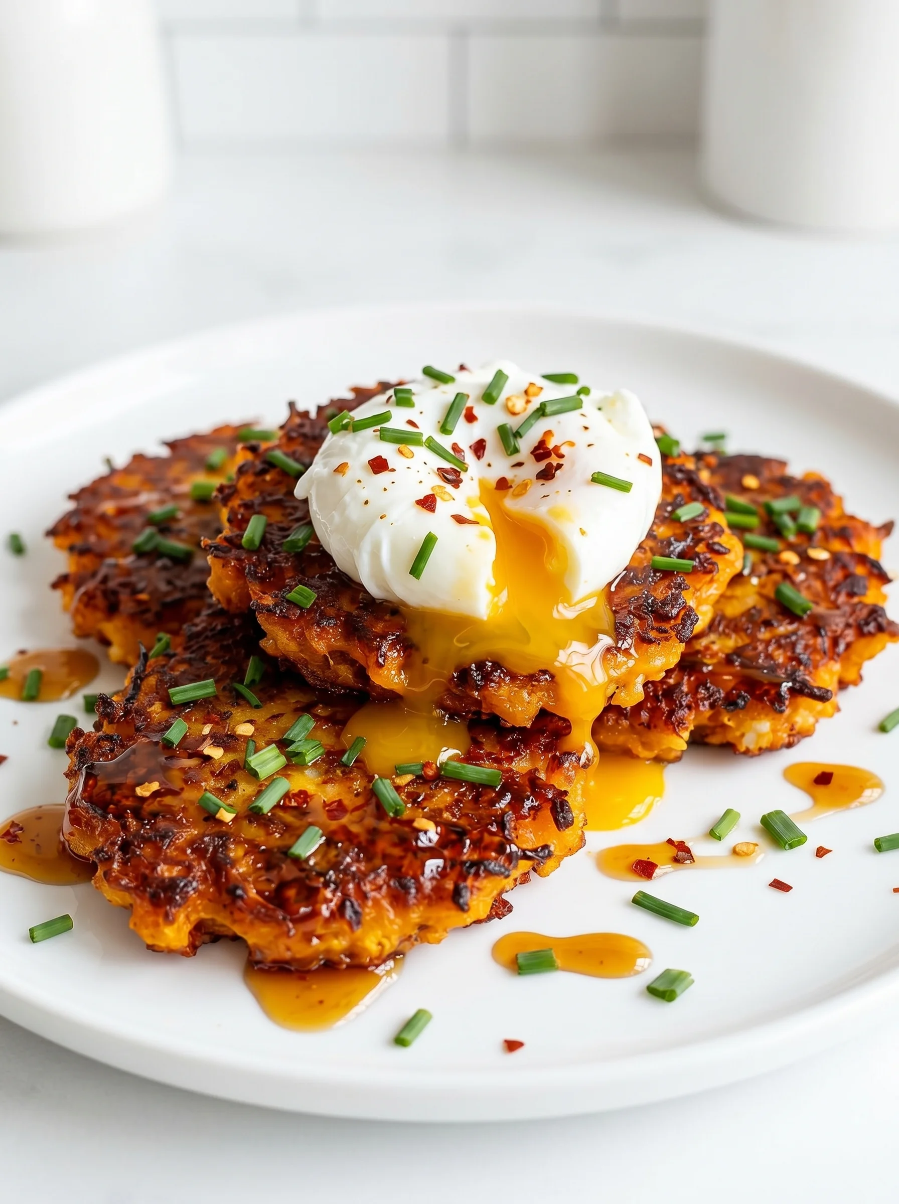 A plate of sweet potato fritters with whipped cottage cheese and hot honey.