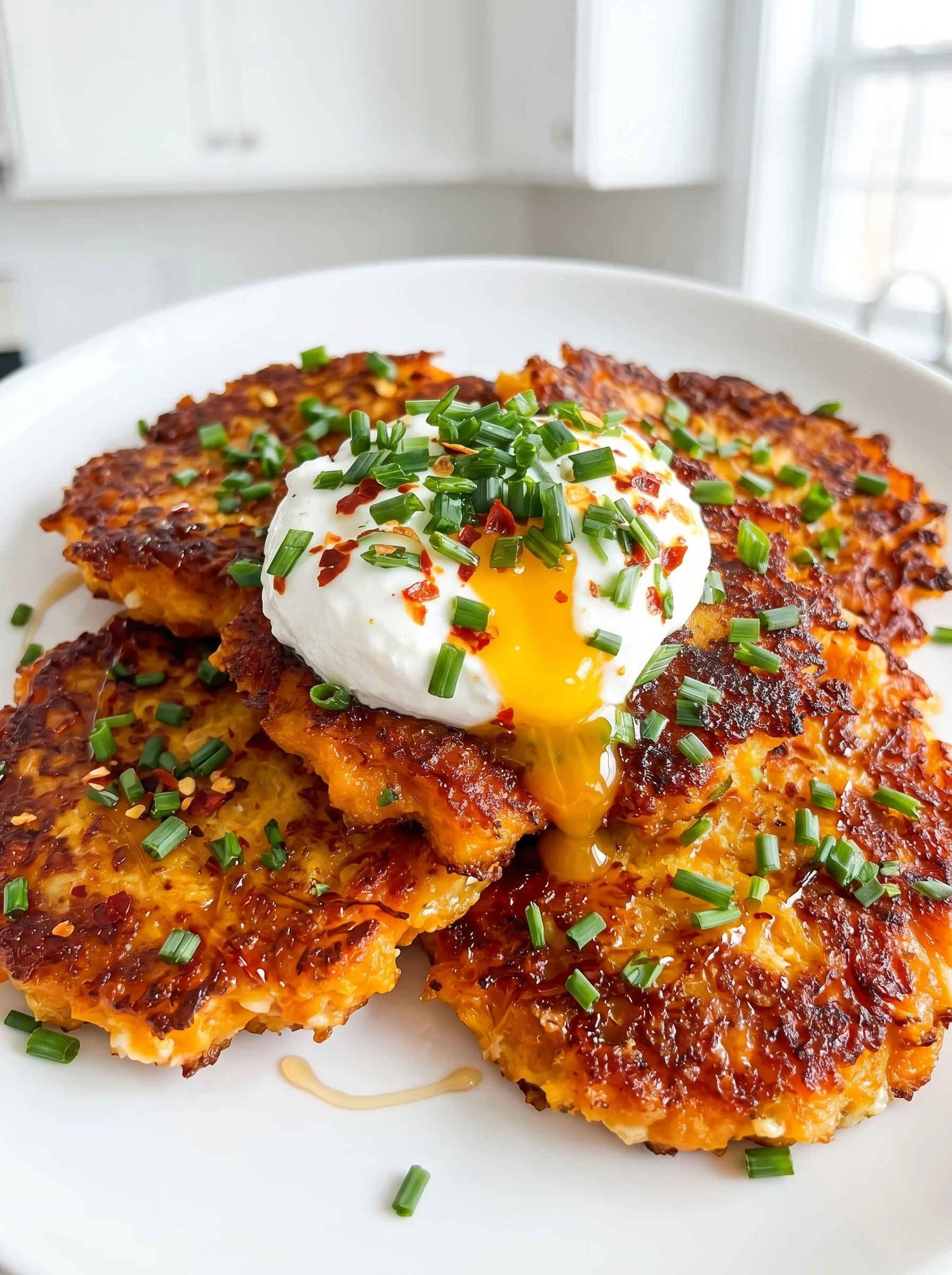 A plate of crispy sweet potato fritters with whipped cottage cheese and hot honey.