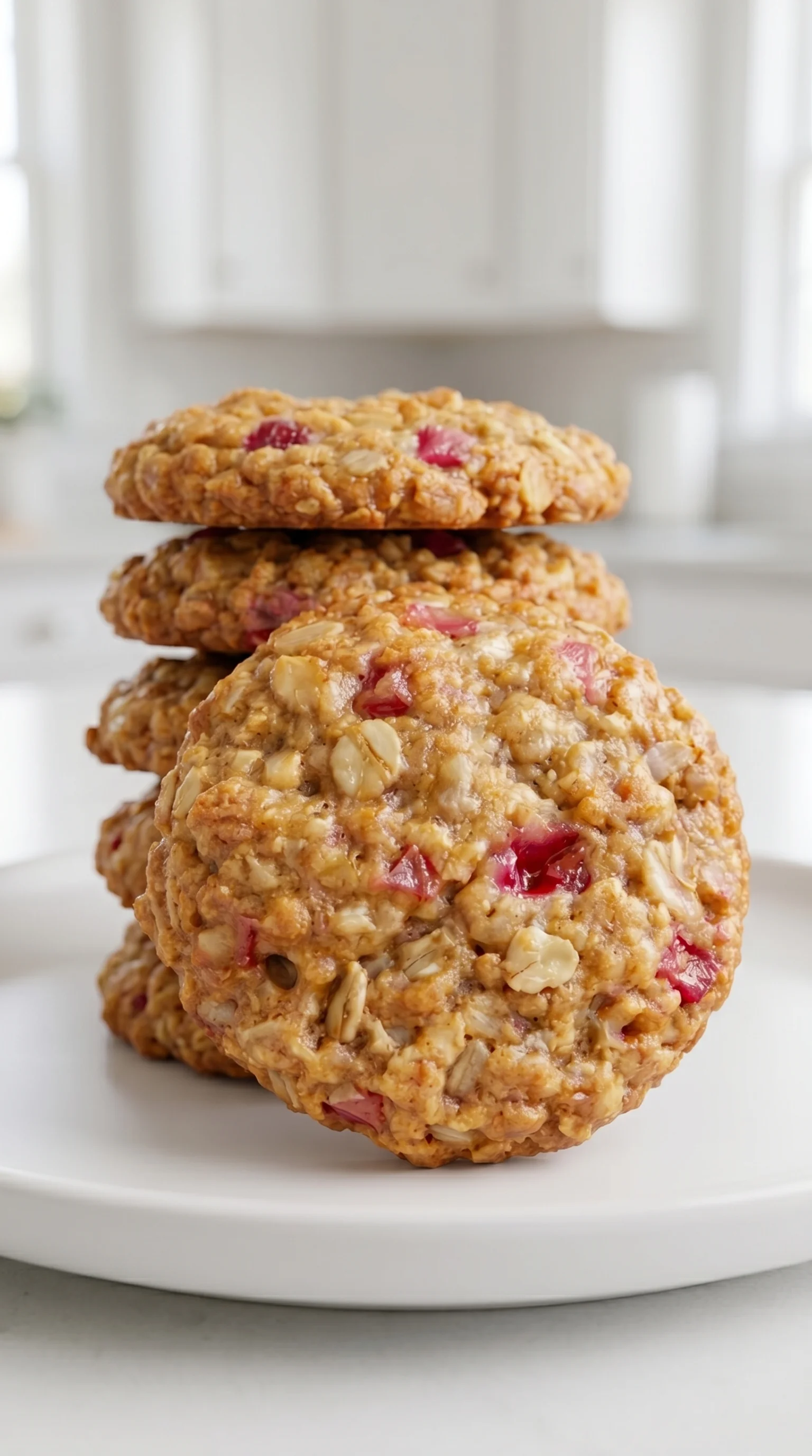 A stack of four oatmeal cookies with red fruit topping.