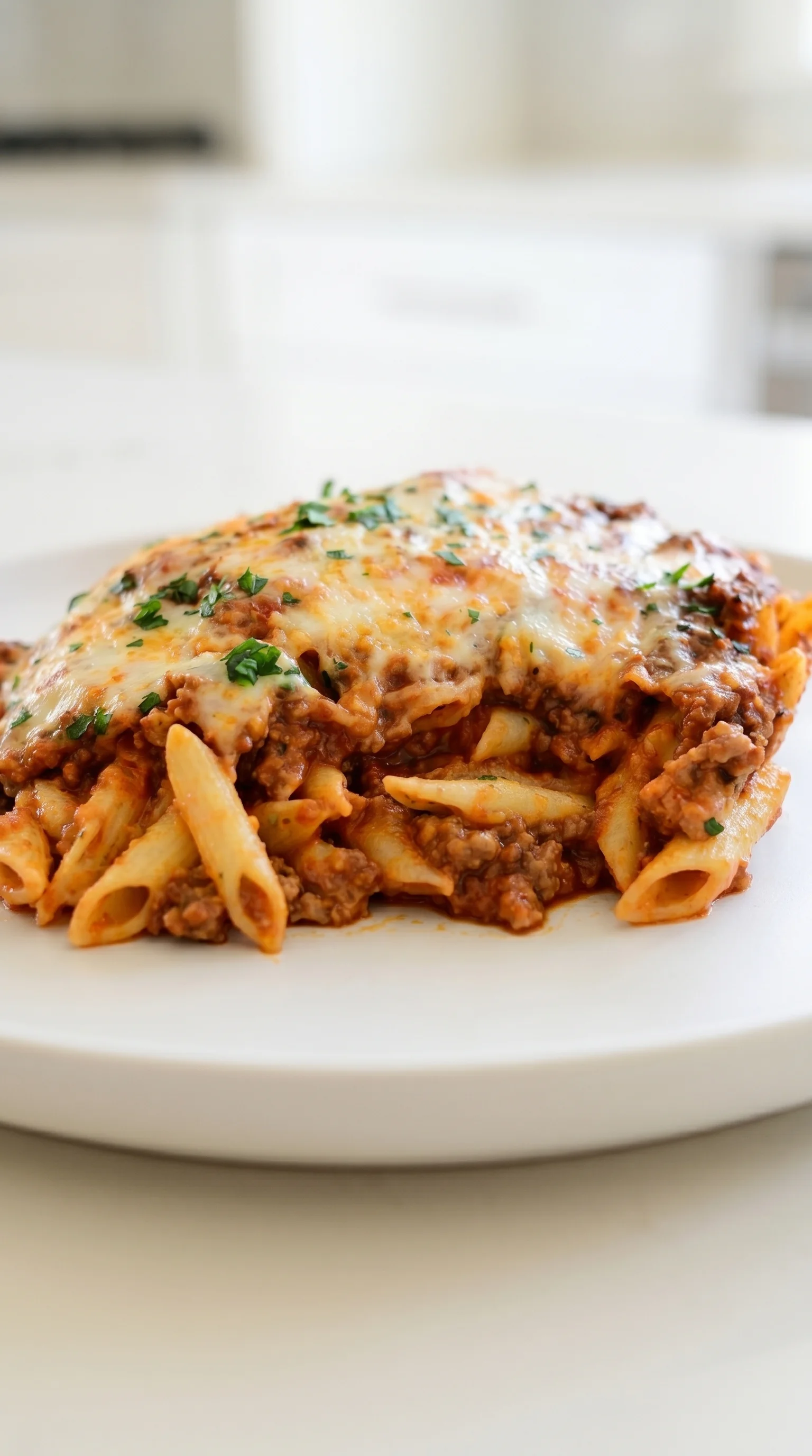 A yummy plate of baked ziti with cheese and herbs.