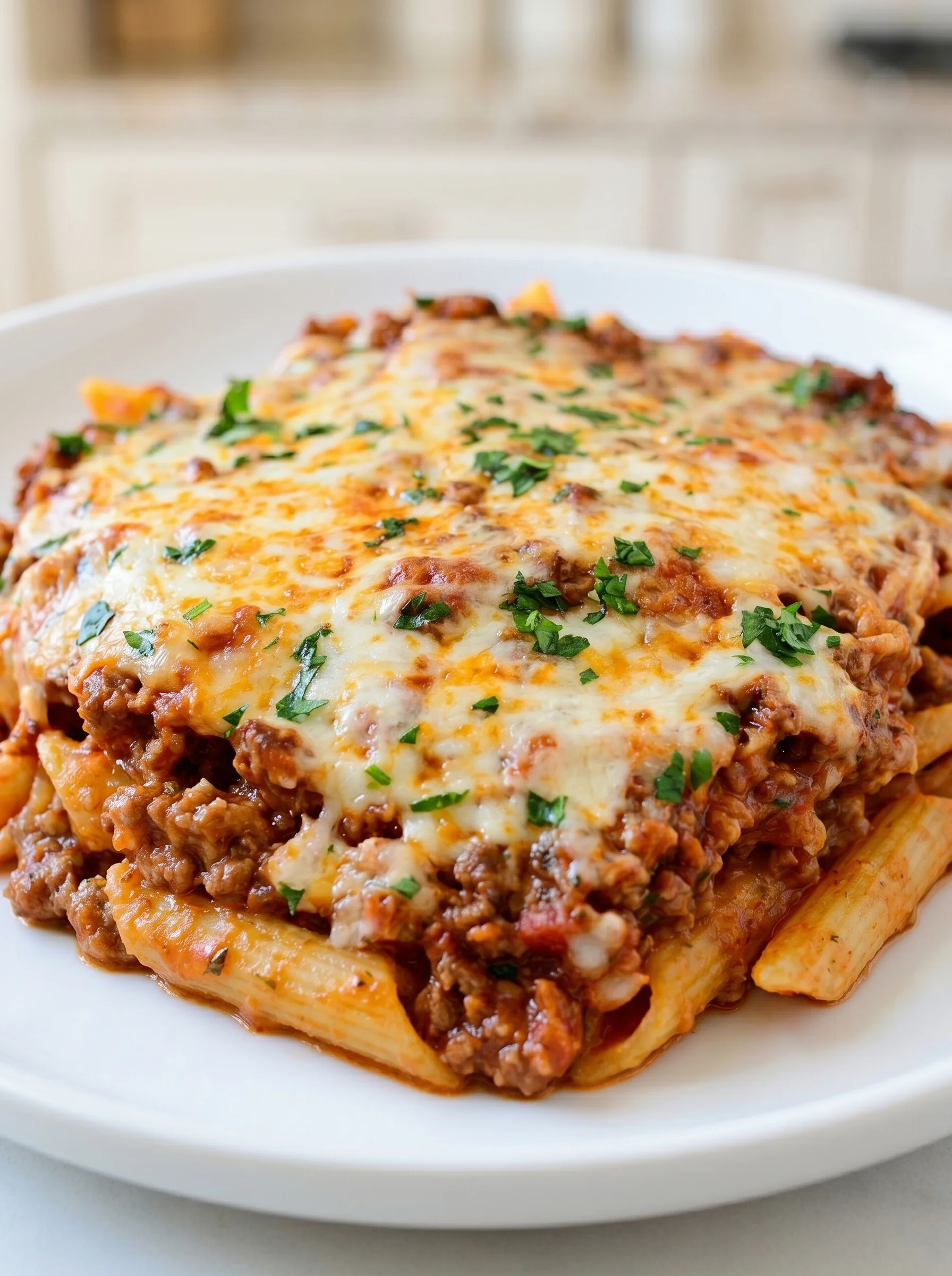 A plate of baked ziti with cheese and herbs.