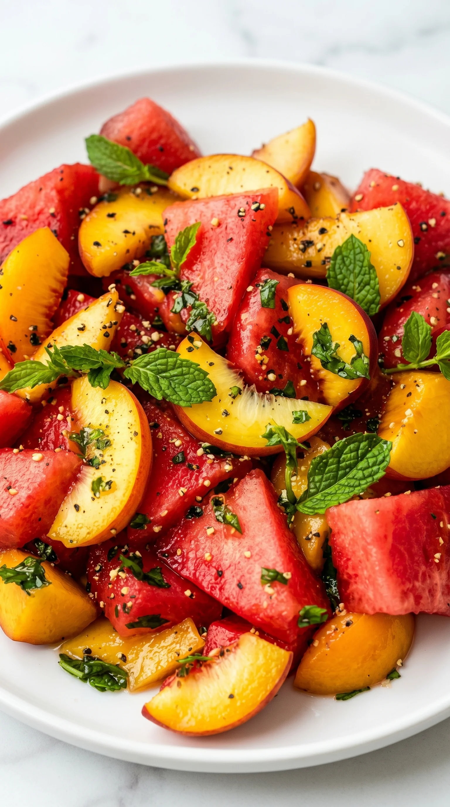 A salad of watermelon, peaches, and mint.