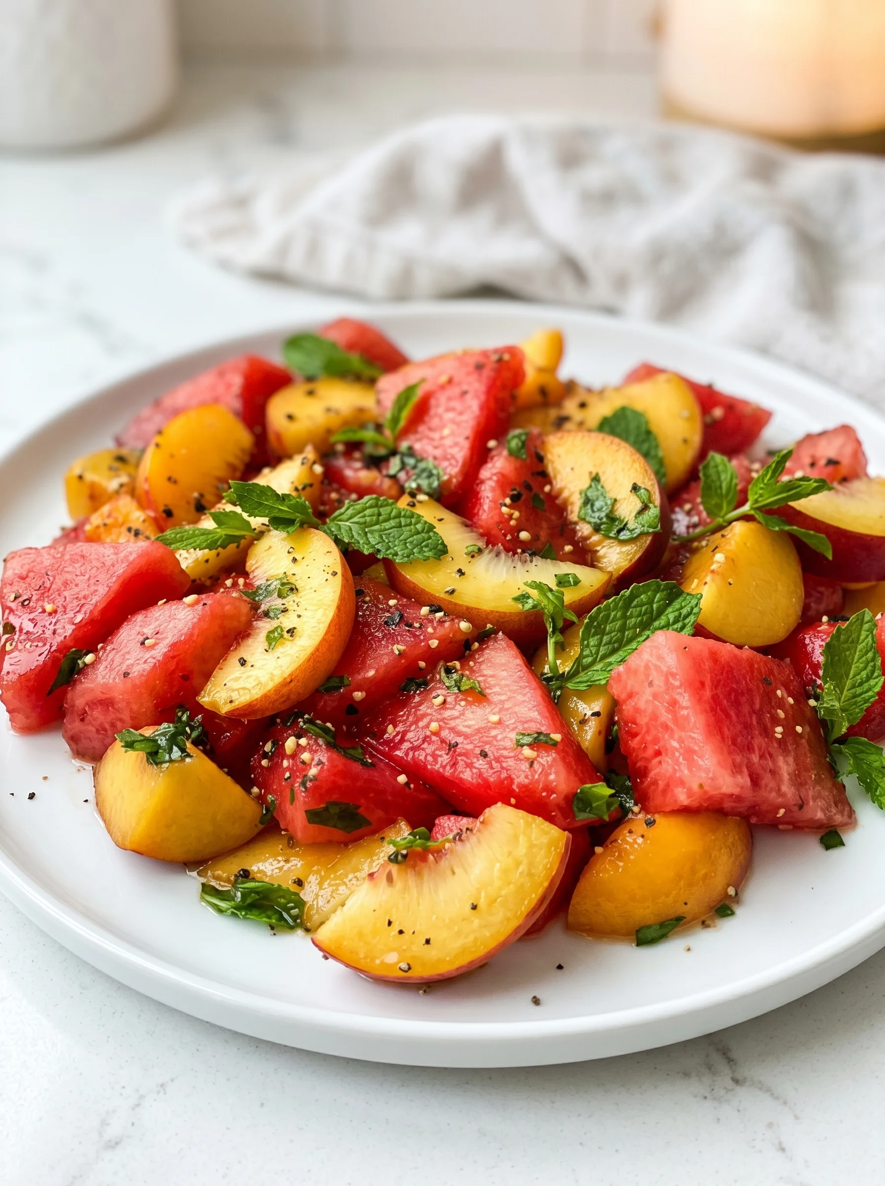 A plate of watermelon and peaches with mint leaves.