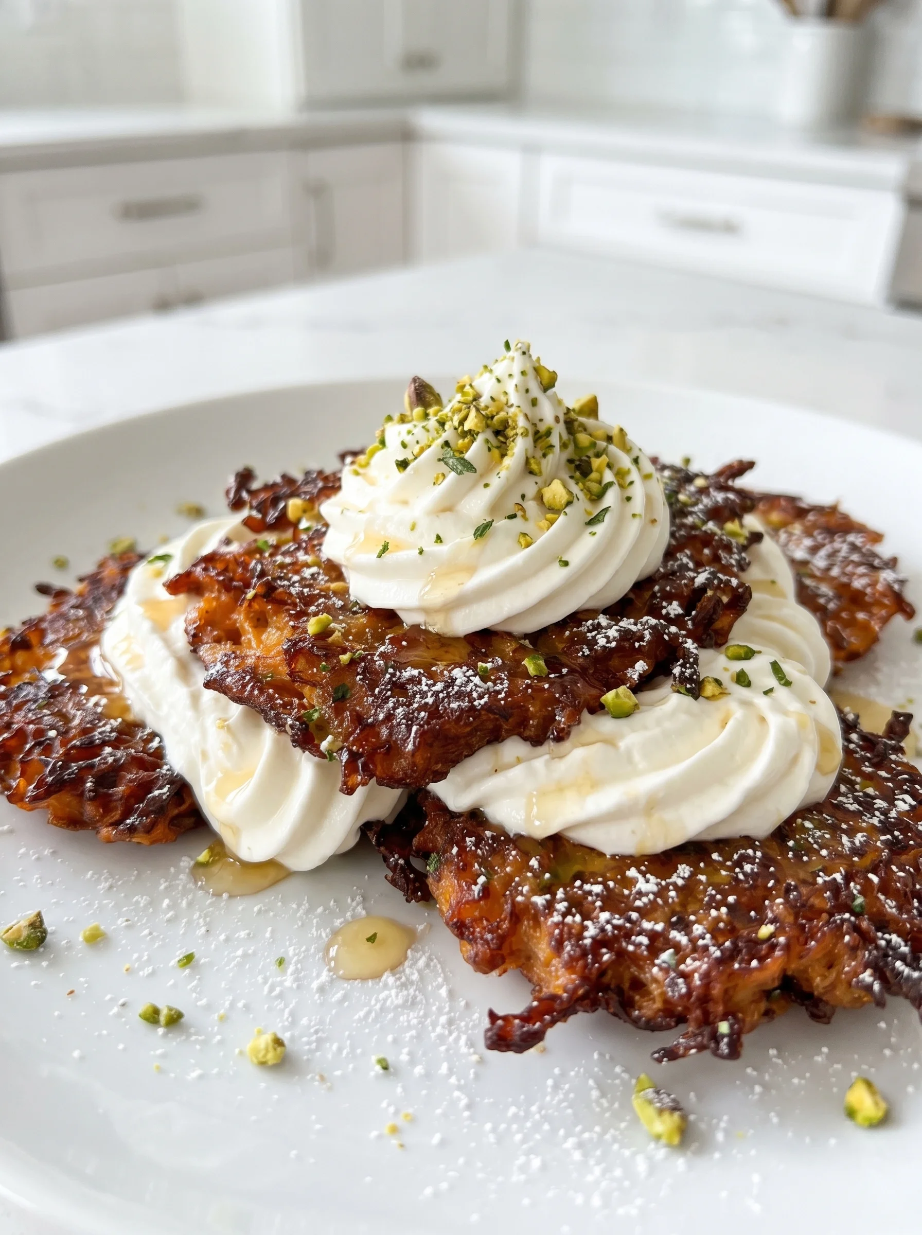 A stack of sweet potato fritters with whipped ricotta on top.