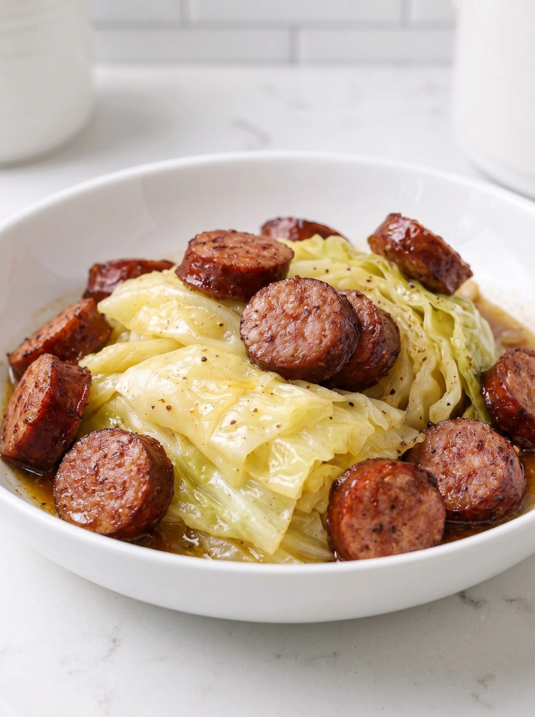 A bowl of cabbage and sausage.