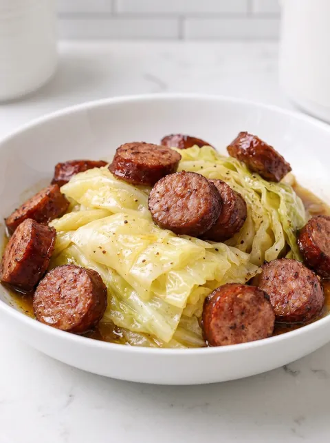 A bowl of cabbage and sausage.