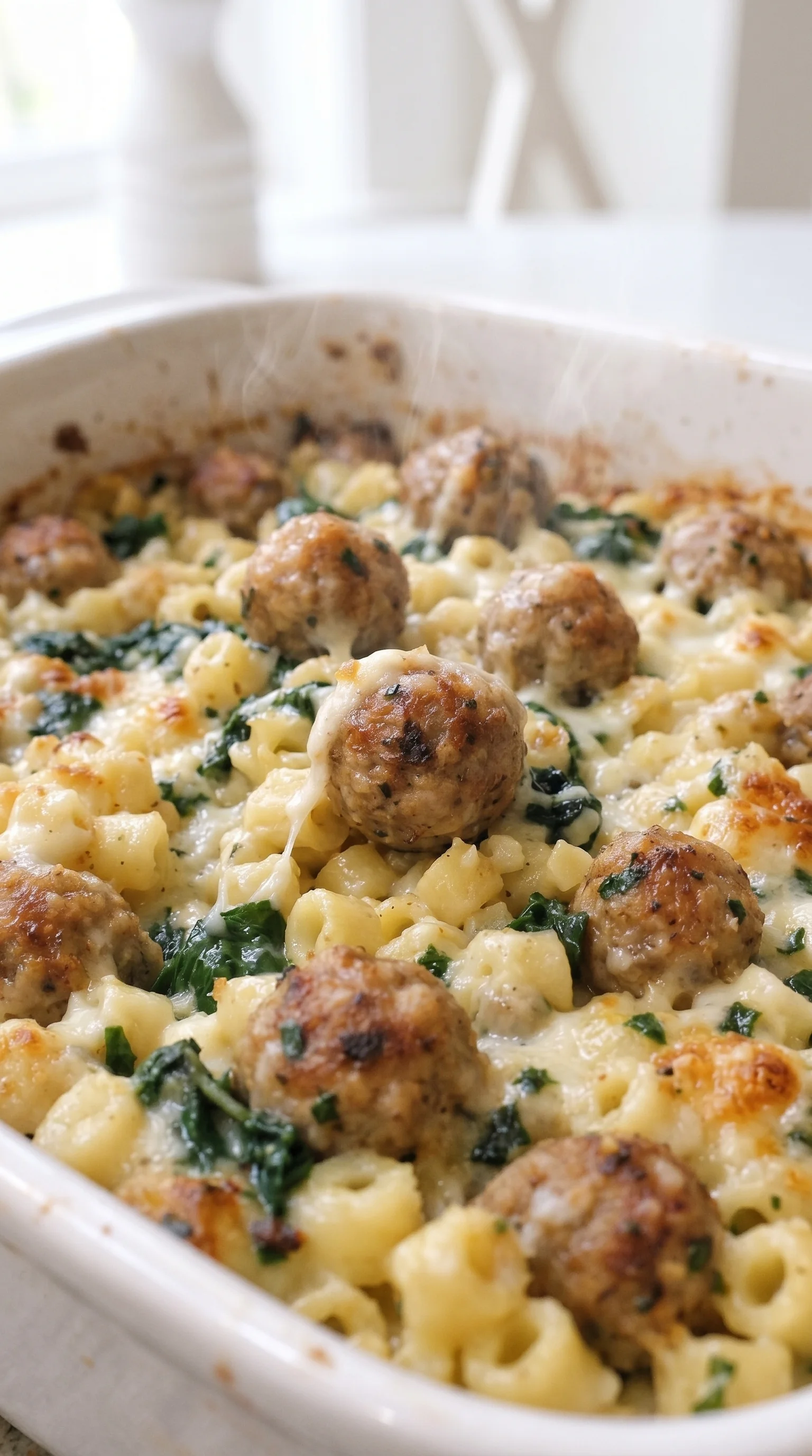 A yummy bowl of pasta with meatballs and spinach.