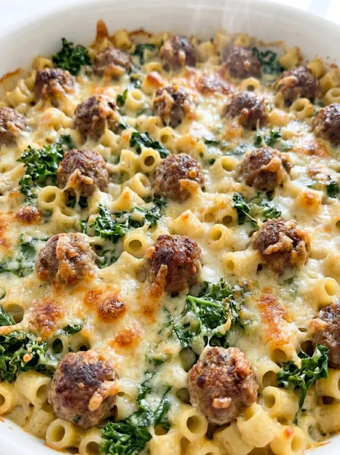 A bowl of pasta with meatballs and spinach.