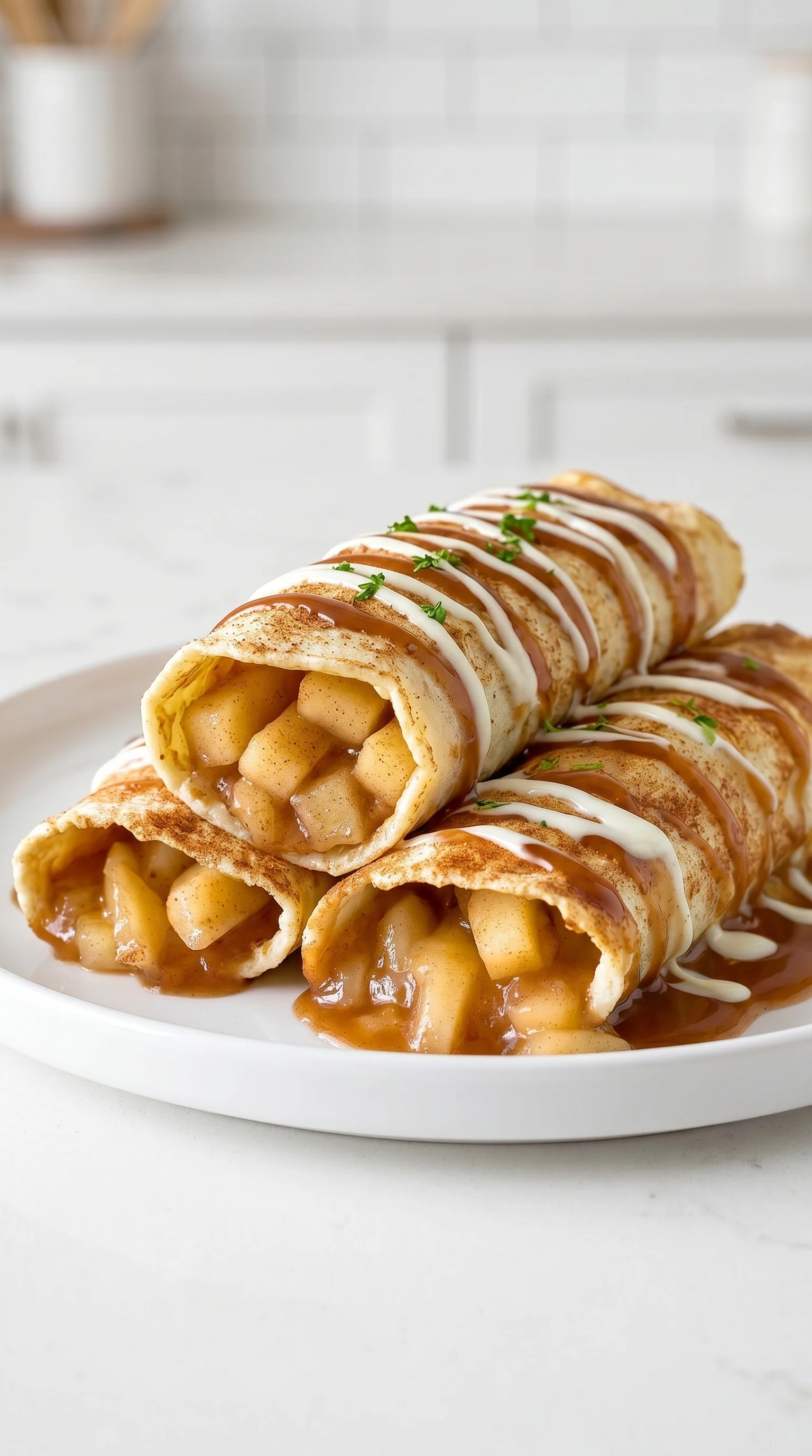 Two apple pie enchiladas with whipped cream on a plate.