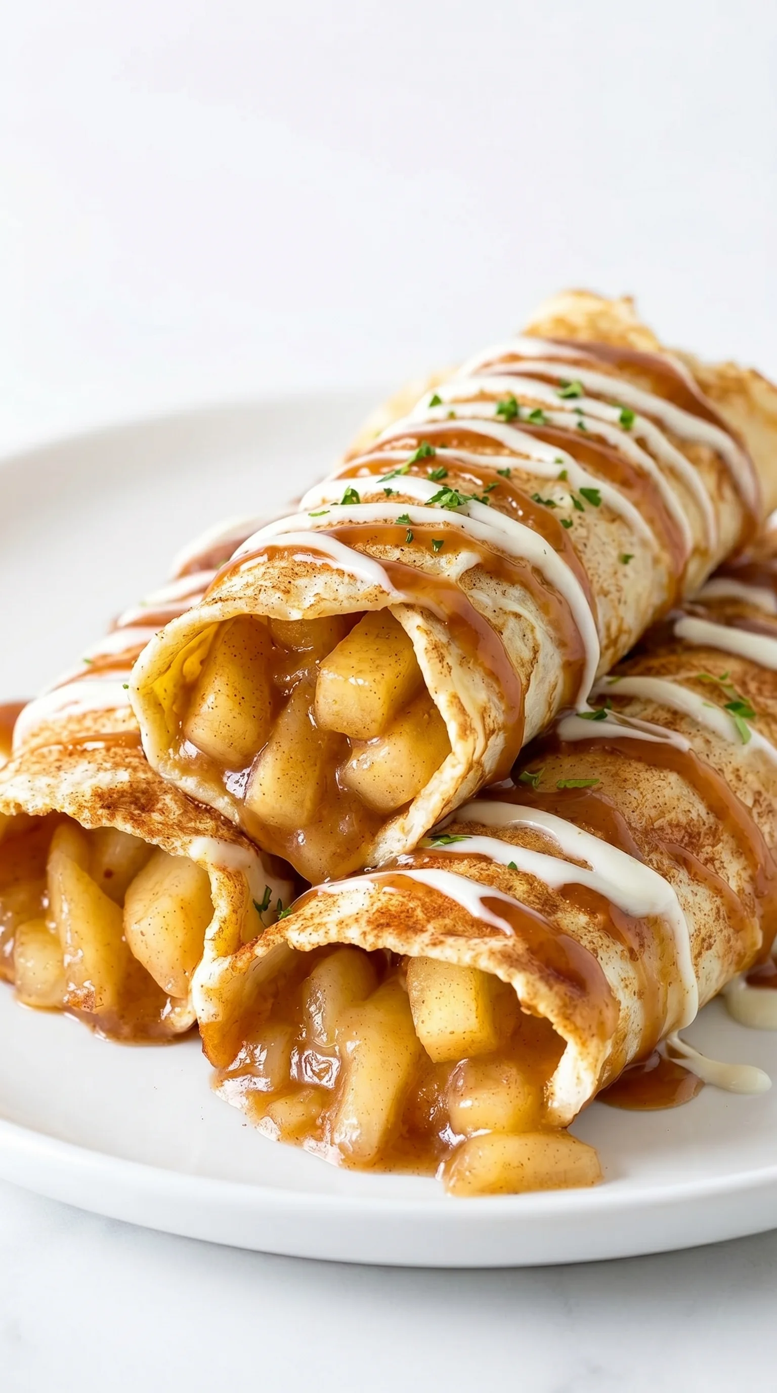Apple Pie Enchiladas with a white sauce.