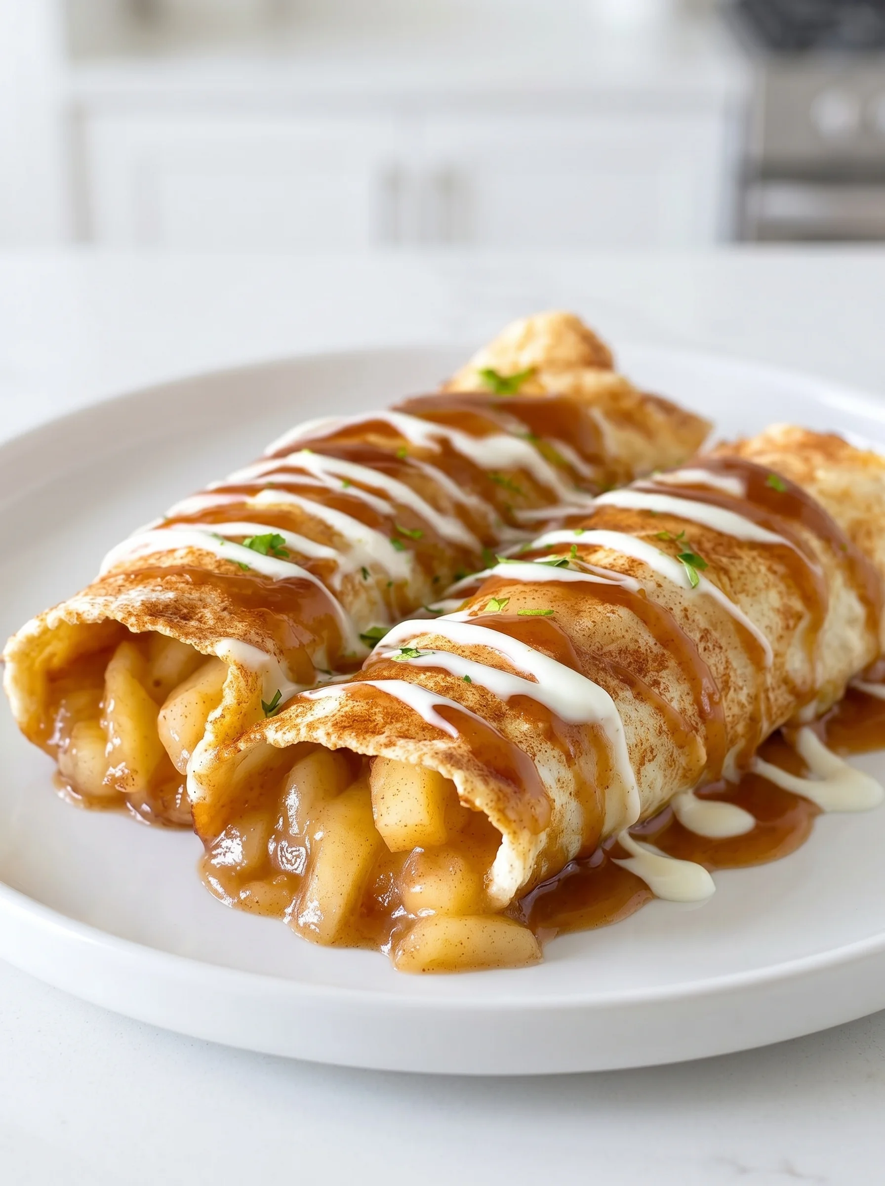 Two apple pie enchiladas with sauce on a plate.