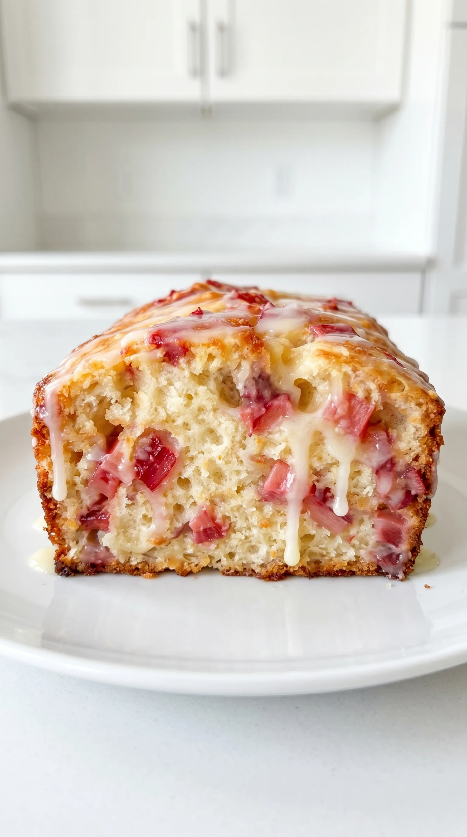 A slice of scrumptious lemon rhubarb loaf with glaze.