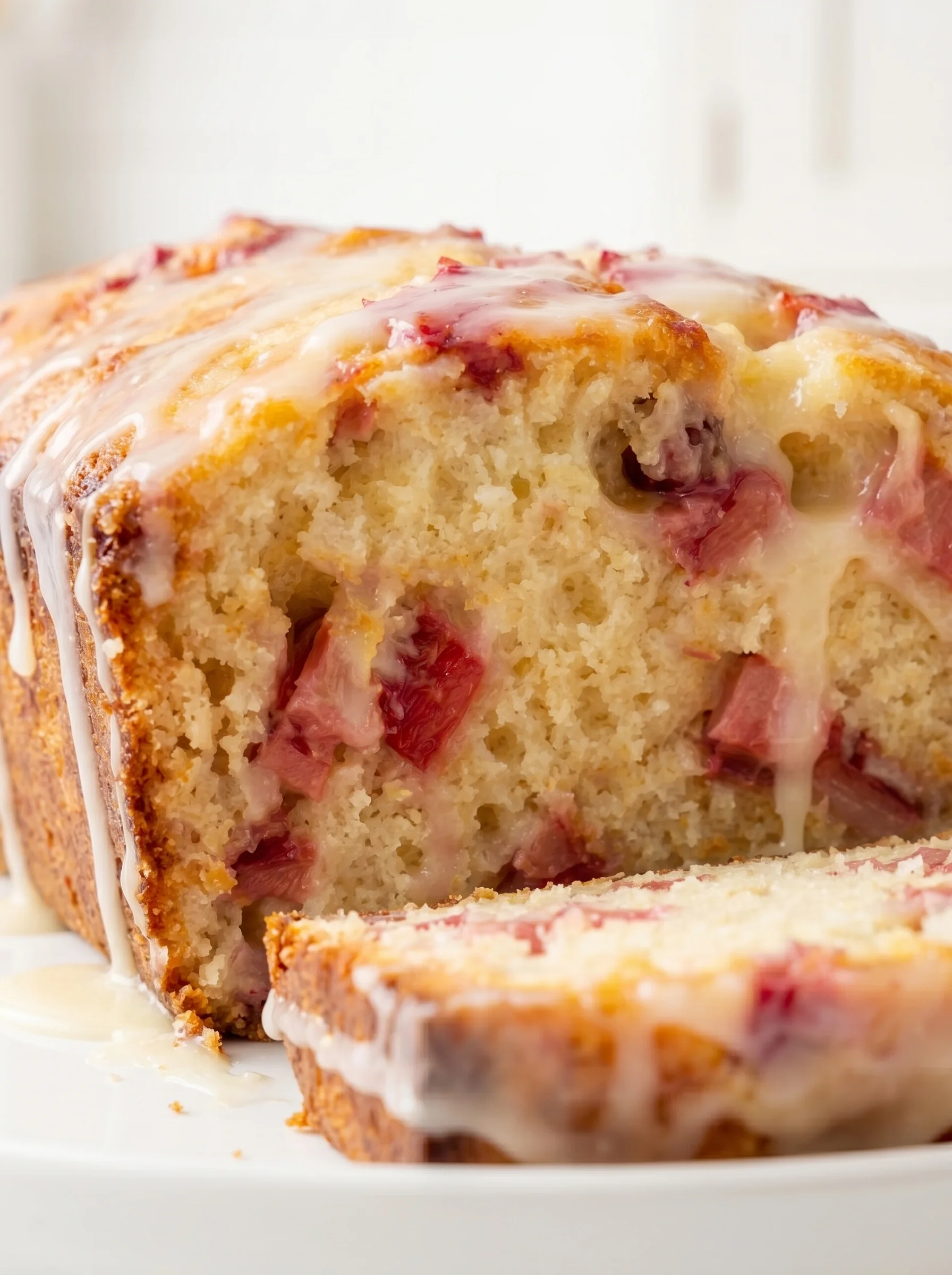 A slice of a lemon rhubarb loaf with glaze.