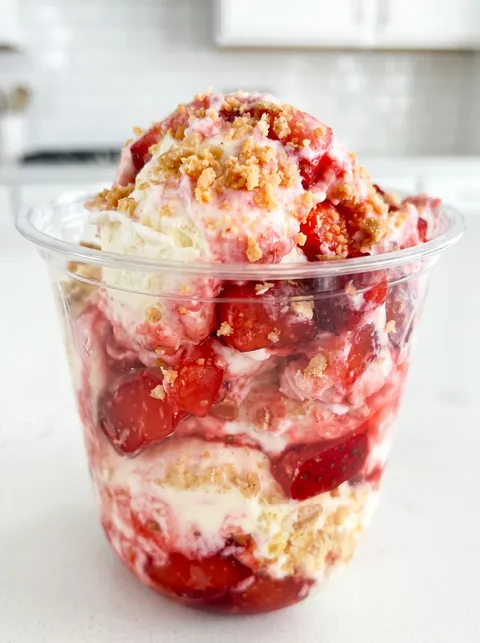 A container of strawberry crunch fluffy yogurt.