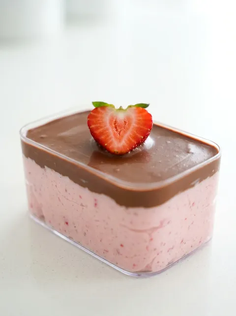 A slice of protein chocolate covered strawberry cheesecake.