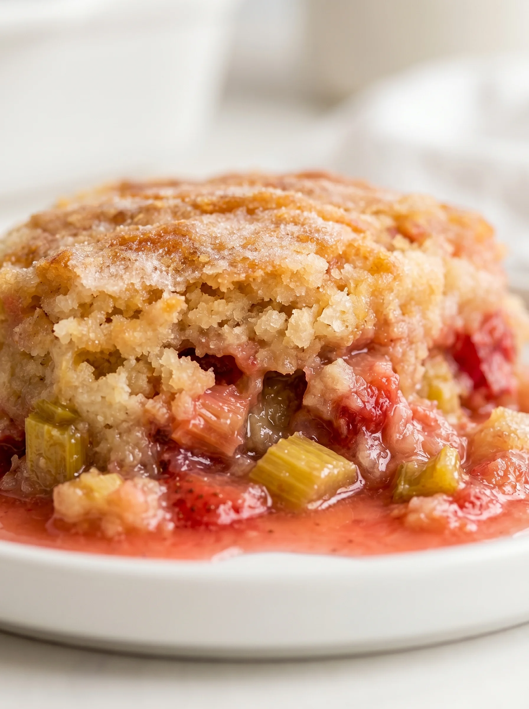 A close up of a delicious old fashioned rhubarb pudding cake.