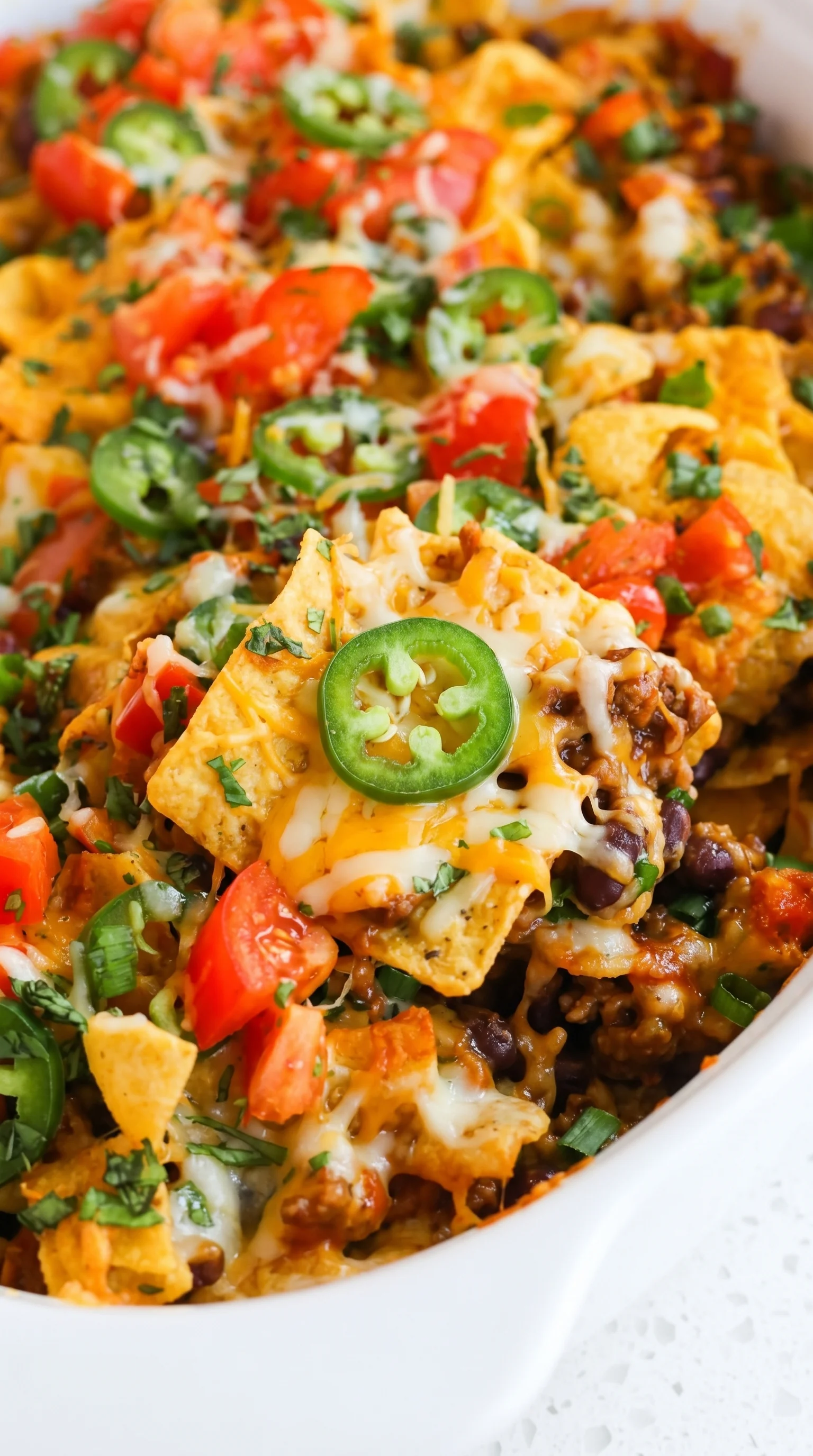 A Frito Pie with cheese, tomatoes, and jalapenos.