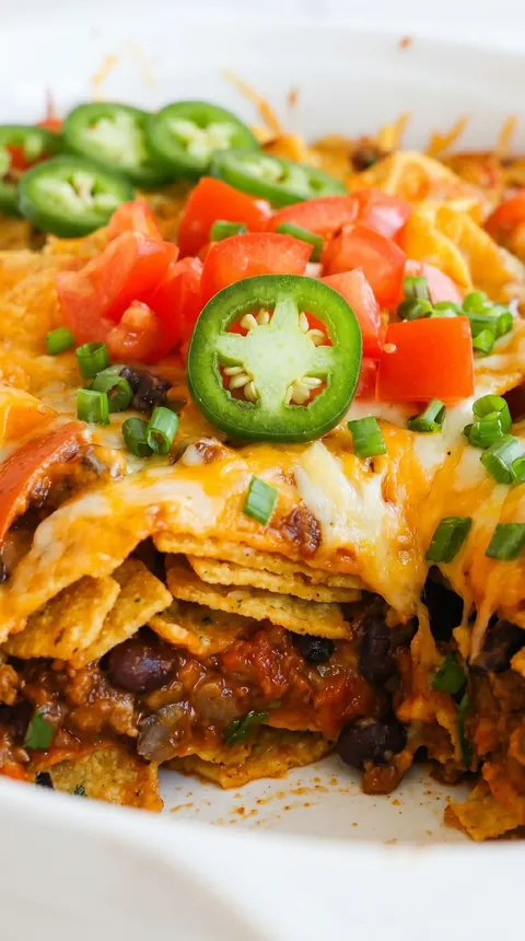 A Frito Pie with jalapenos and tomatoes.