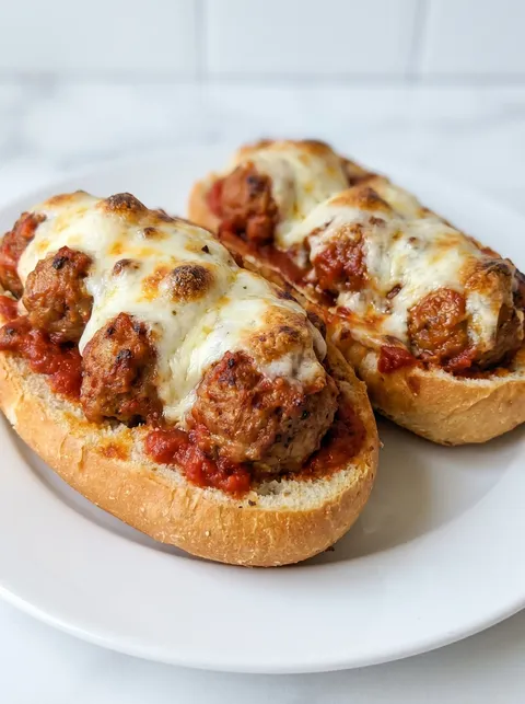 Two meatball subs on a plate.