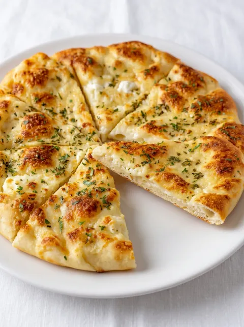 A slice of garlic flatbread with cottage cheese.