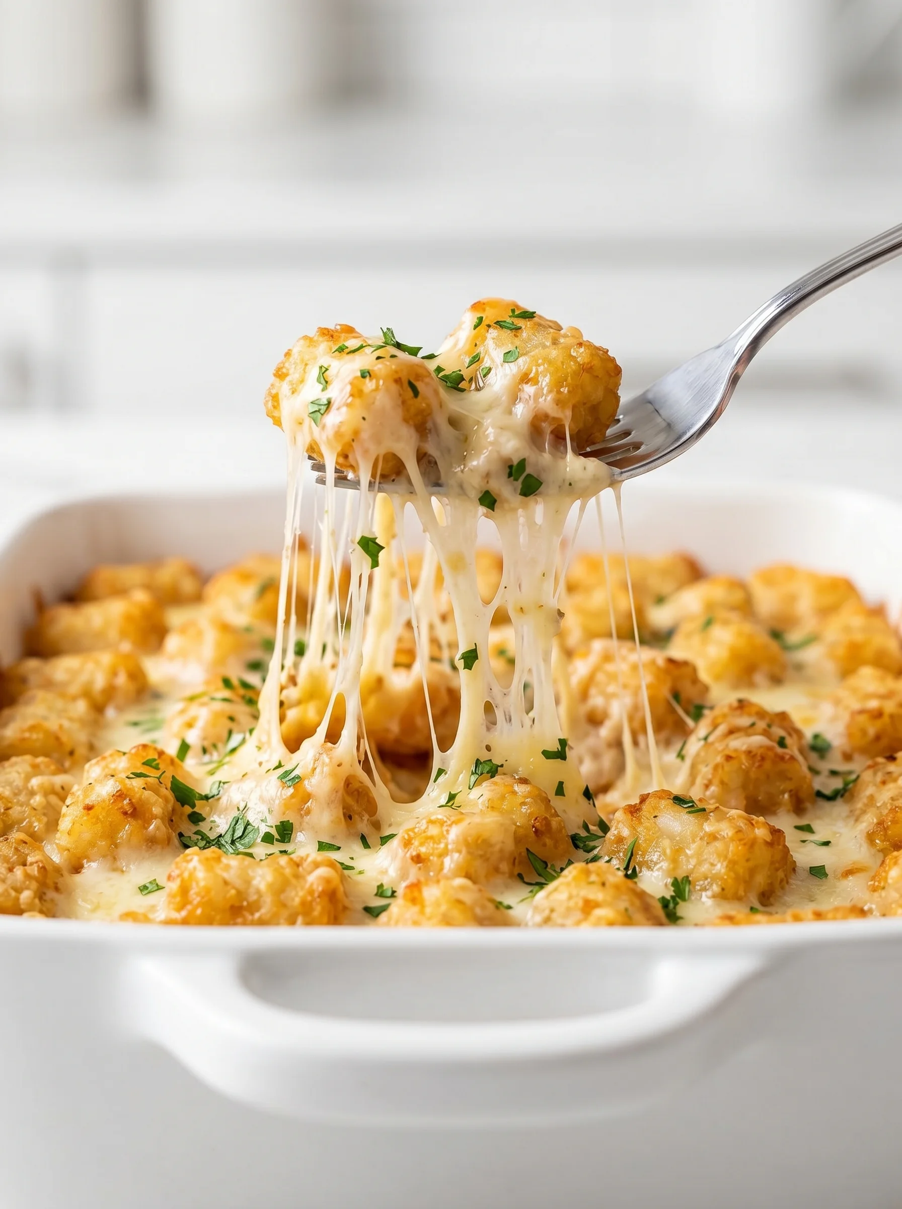 A fork with chicken Alfredo Tater Tot Casserole.