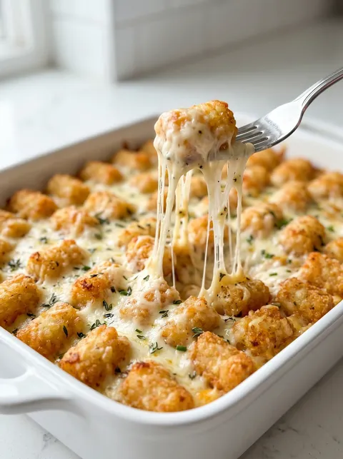 A fork is being used to eat a chicken Alfredo Tater Tot Casserole.