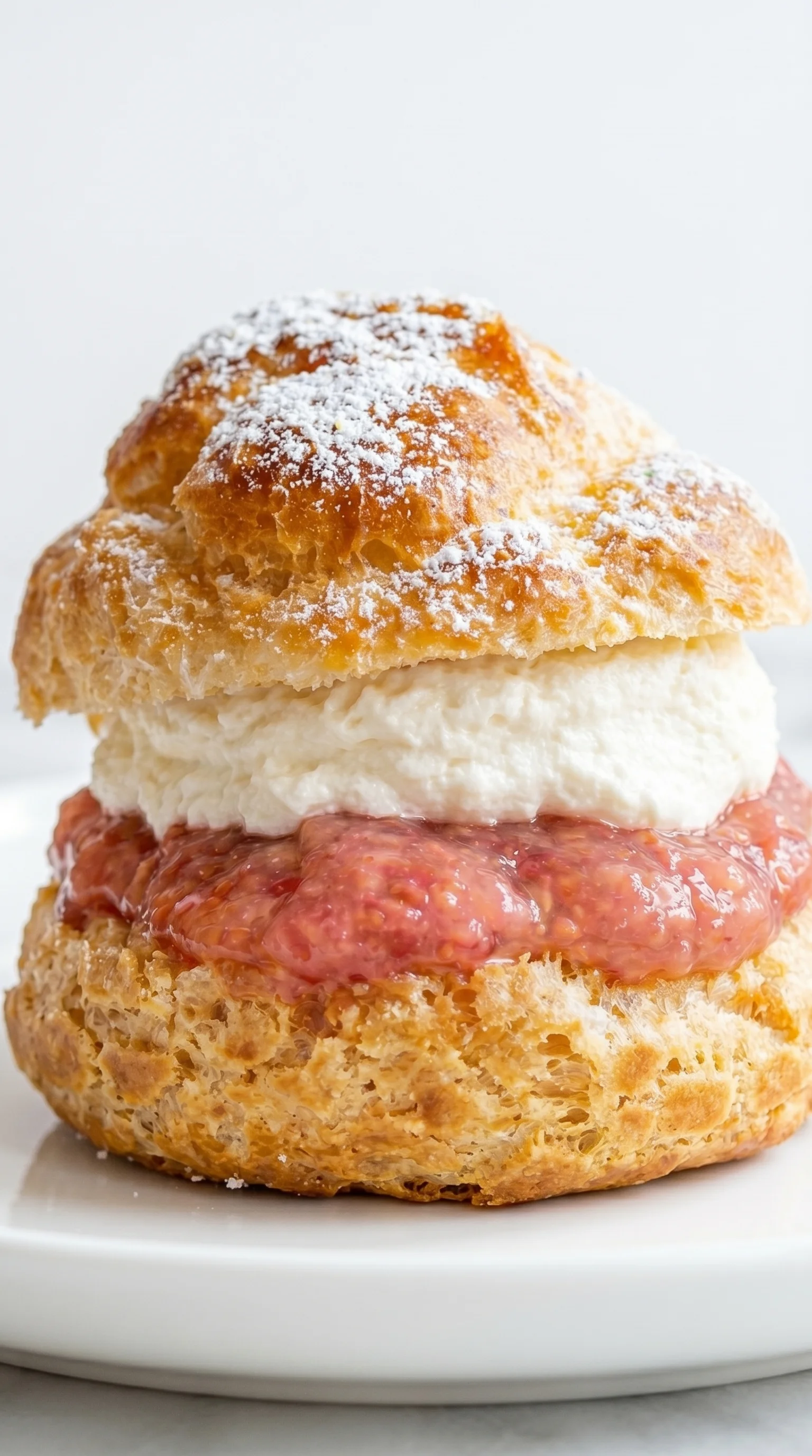A pastry with white cream and red jam.