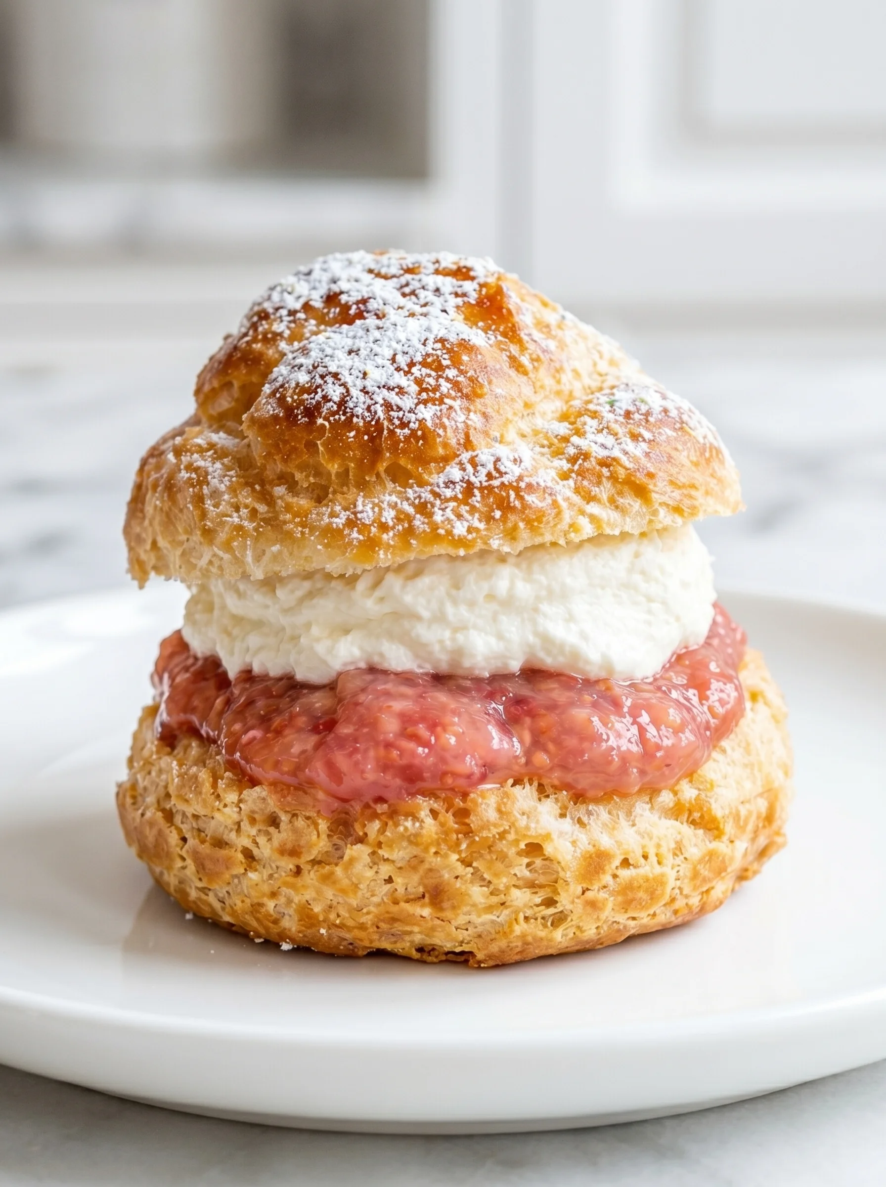 A cream puff with white whipped cream and red raspberry sauce.
