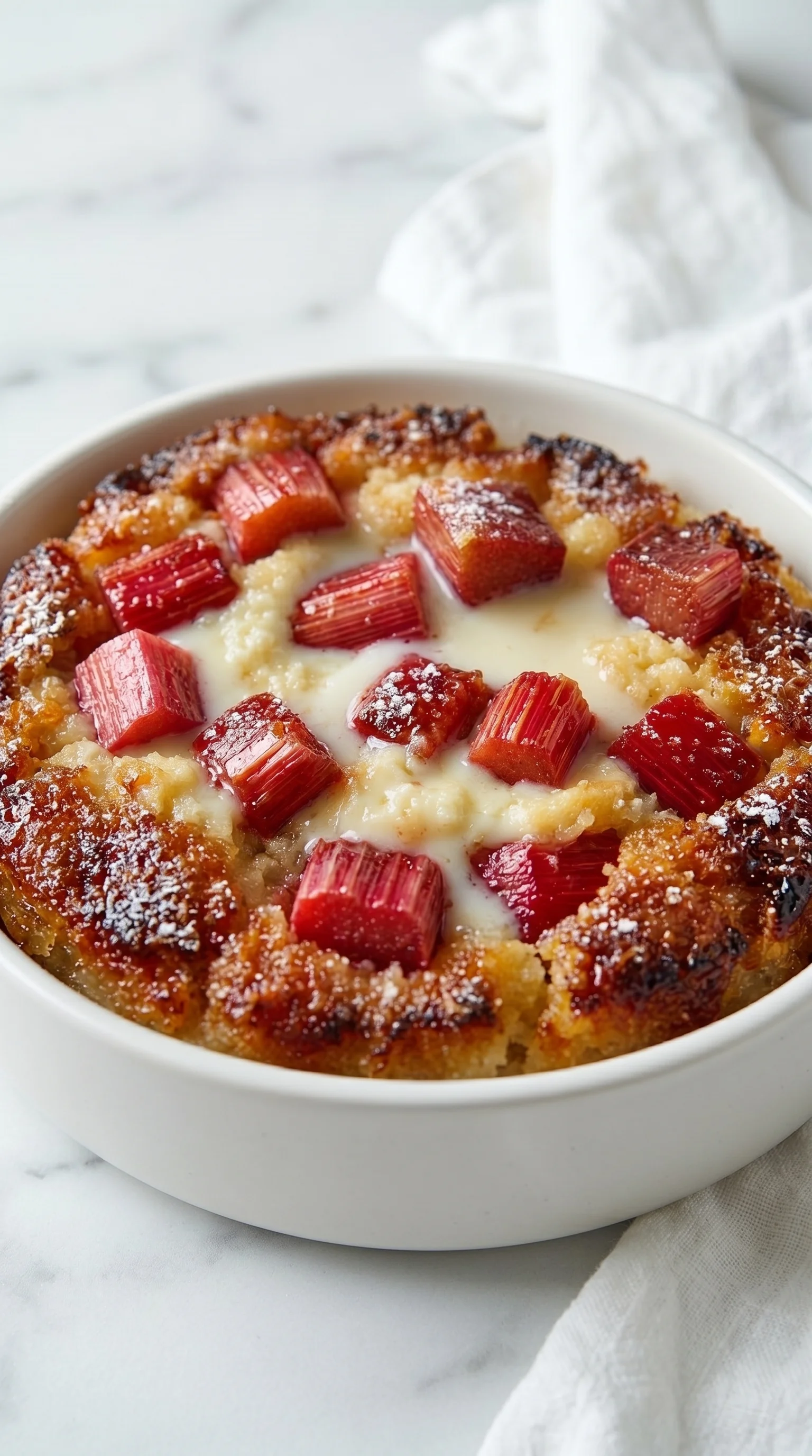 A bowl of baked rhubarb pudding.