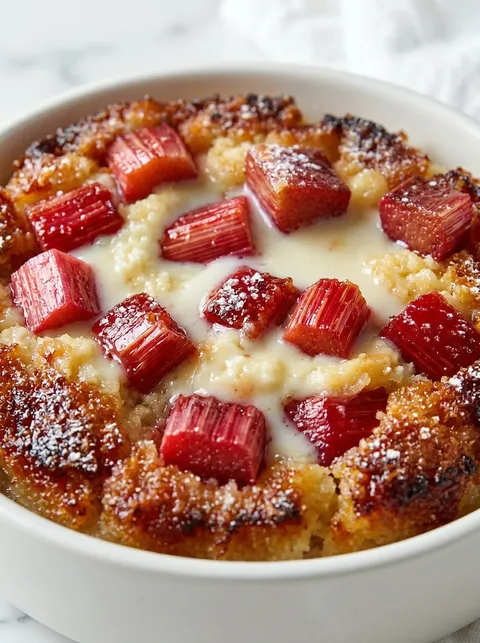 A bowl of baked rhubarb pudding with white sauce.