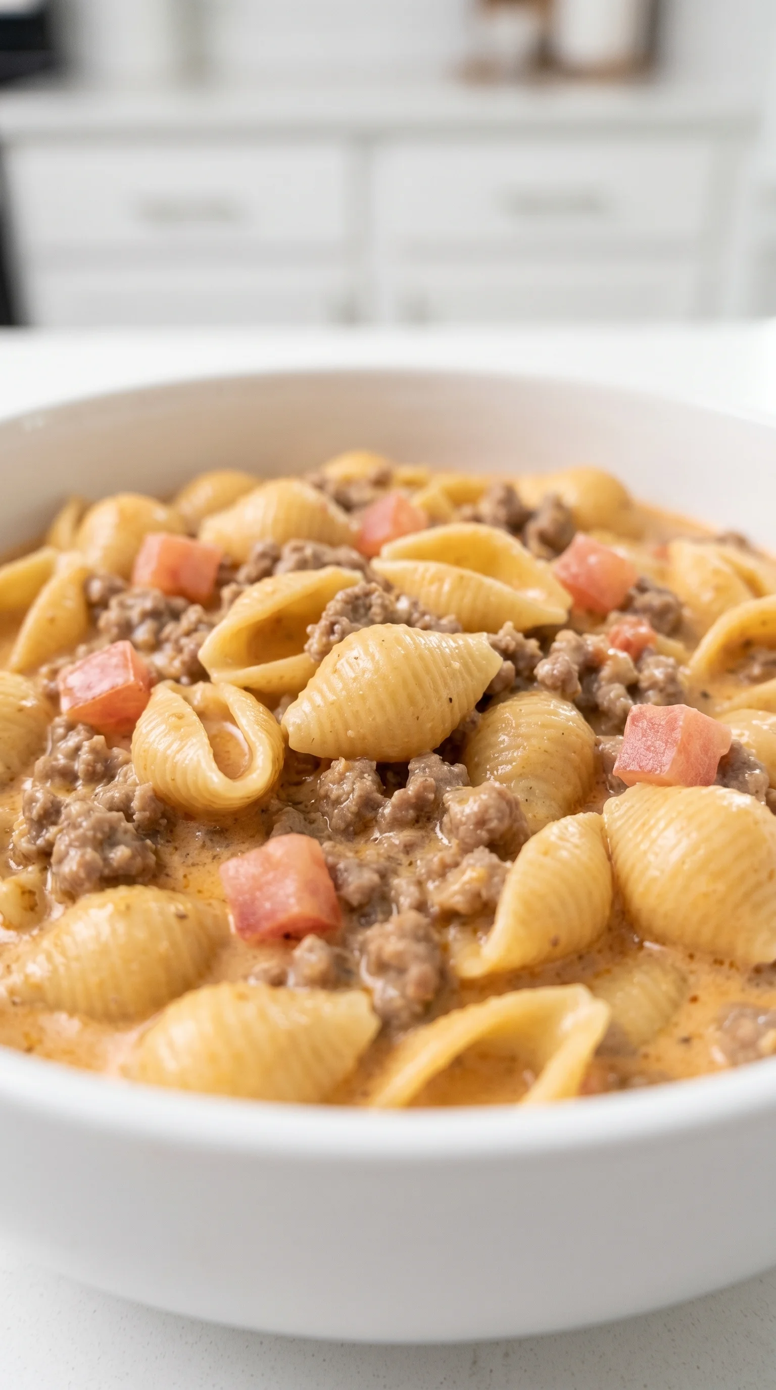 A bowl of yummy creamy pepper jack taco beef and noodles.