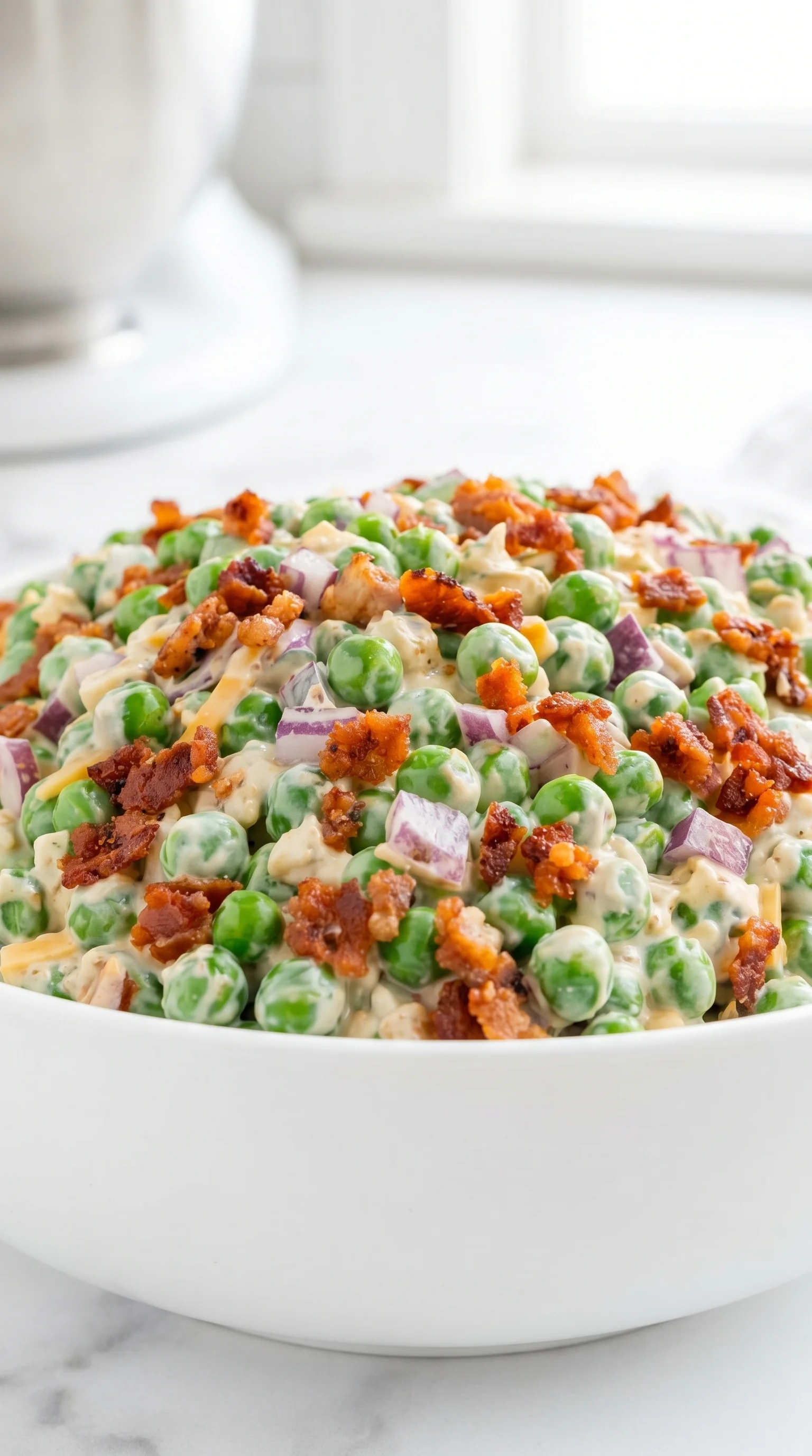 A bowl of bacon pea summer salad.