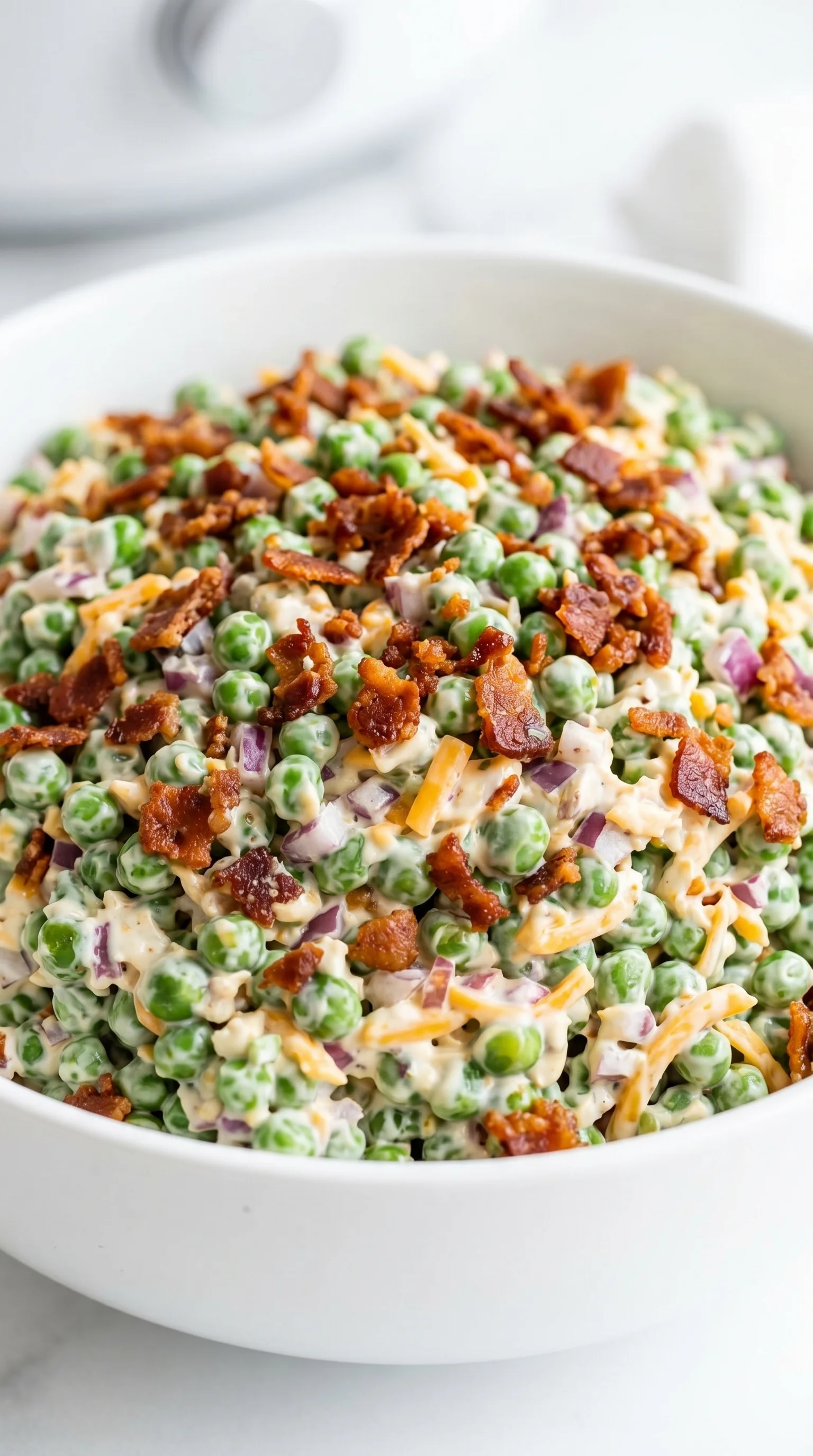 A bowl of creamy bacon pea summer salad.