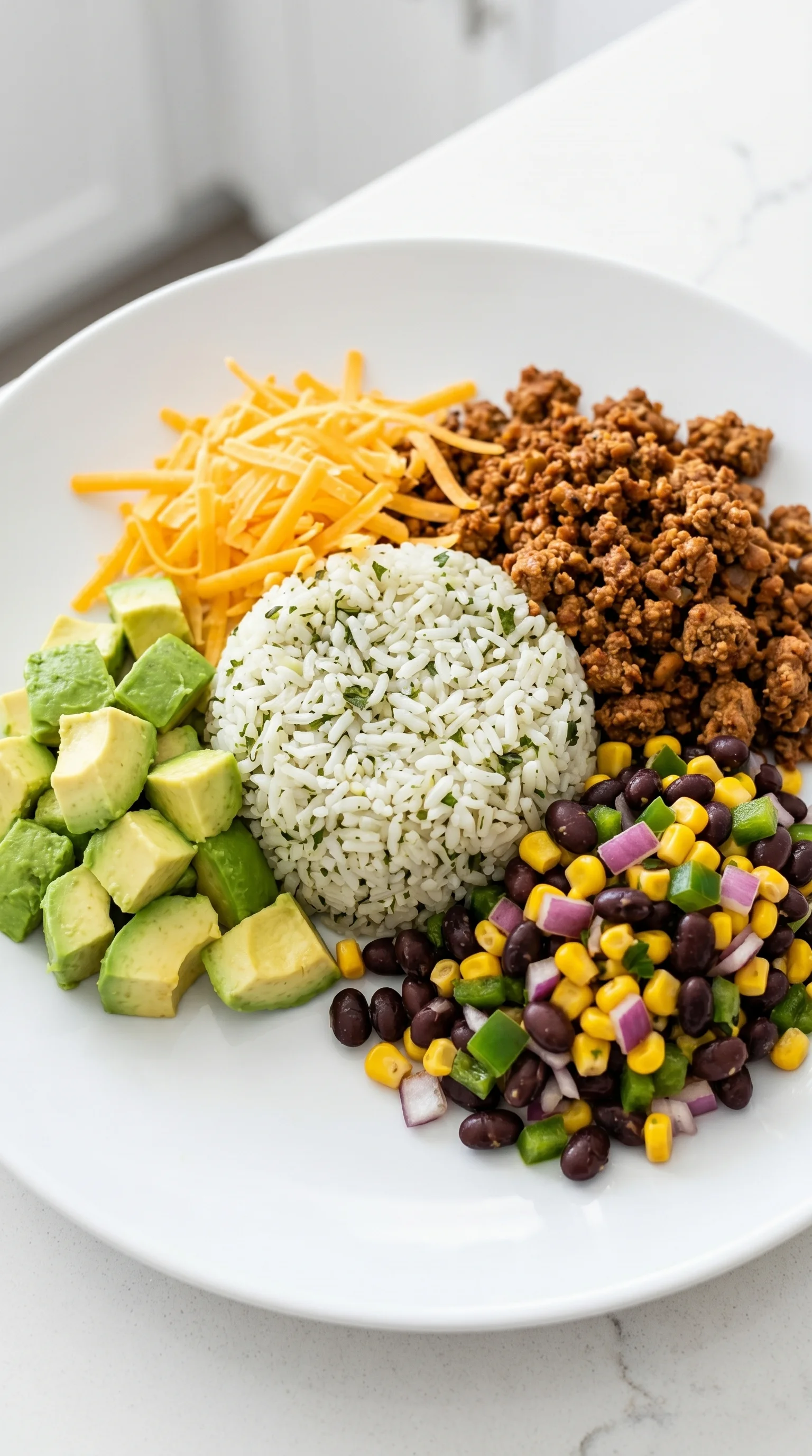 A plate of food with rice, beans, cheese, and ground chicken.