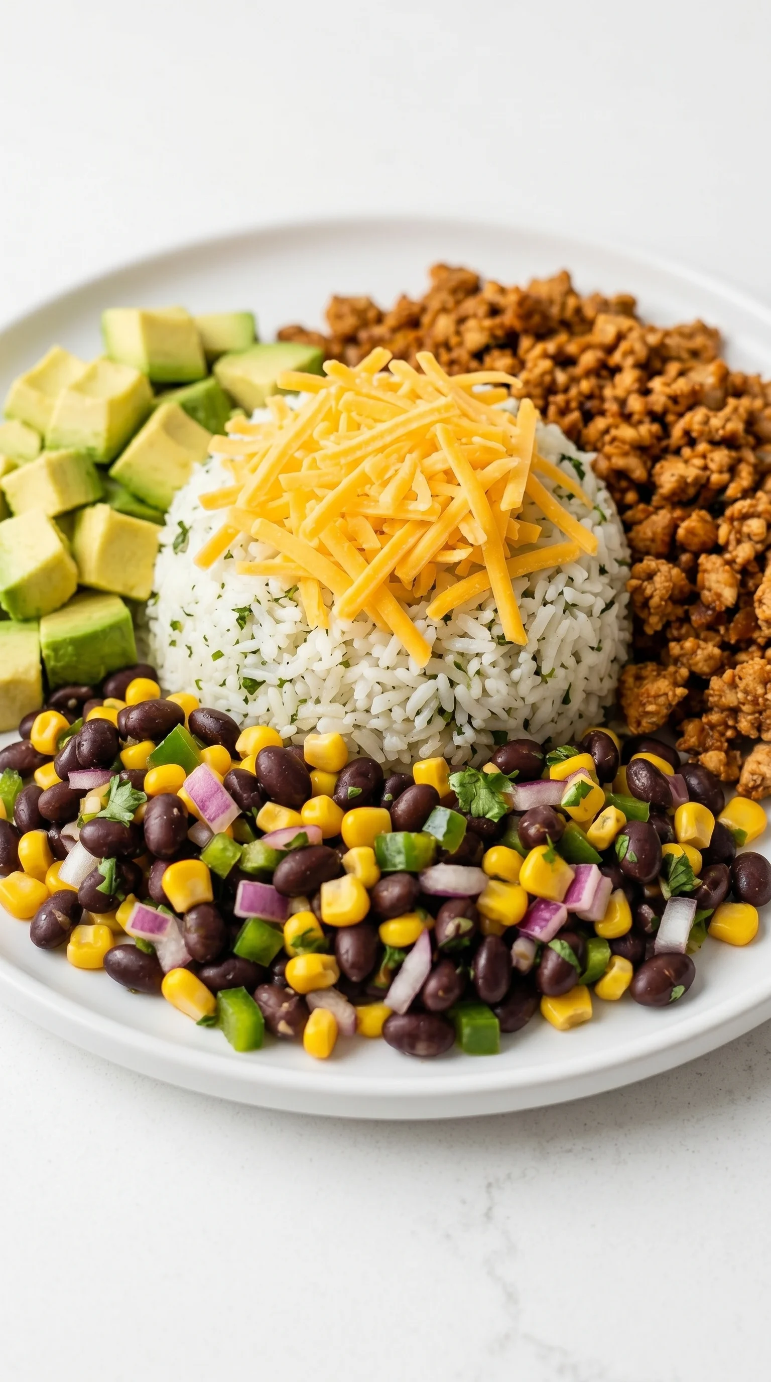 A plate of food with rice, beans, cheese, and chicken.