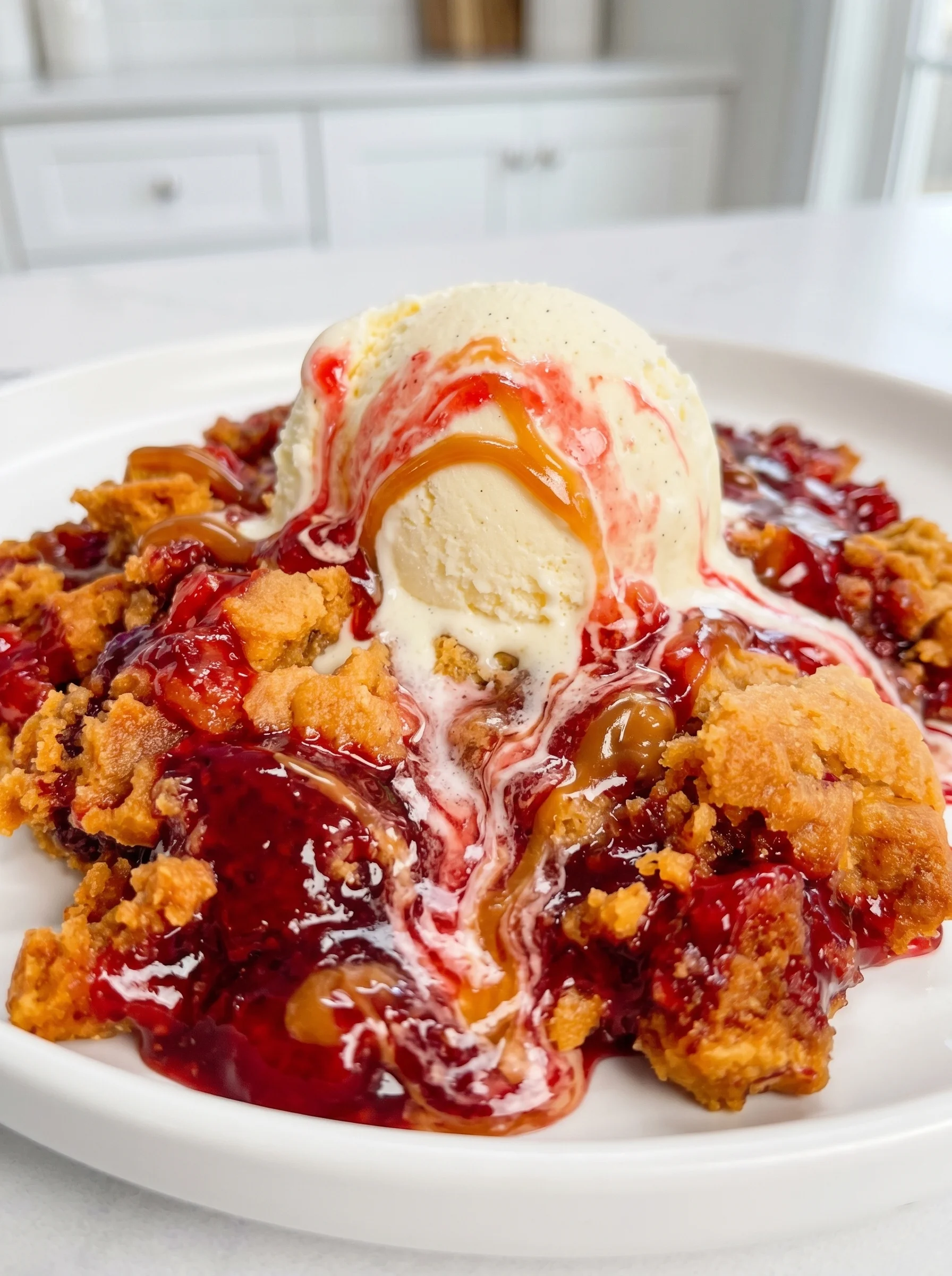 A Peanut Butter and Jelly Cobbler with a scoop of ice cream on top.