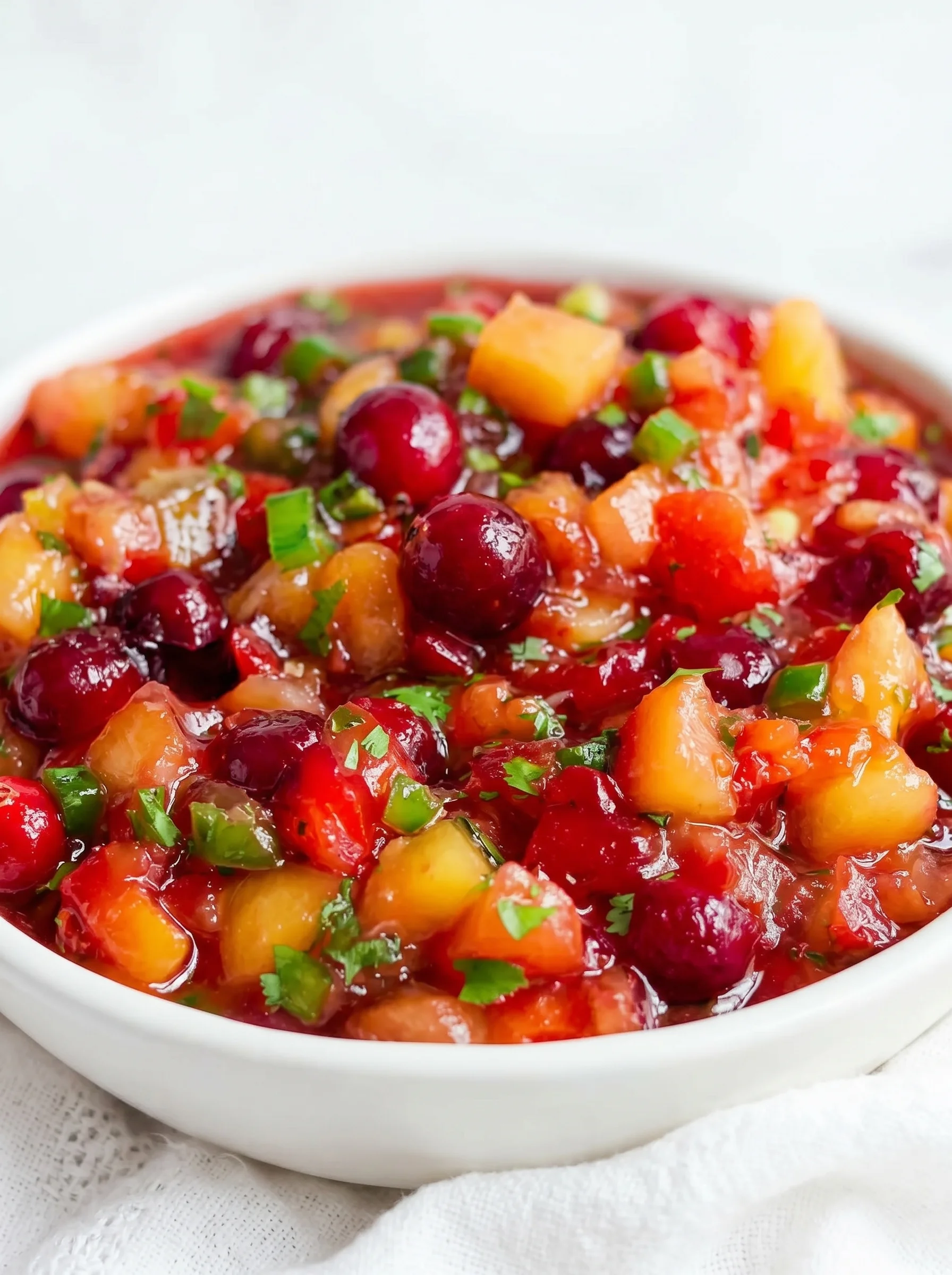 A bowl of peach cherry salsa.
