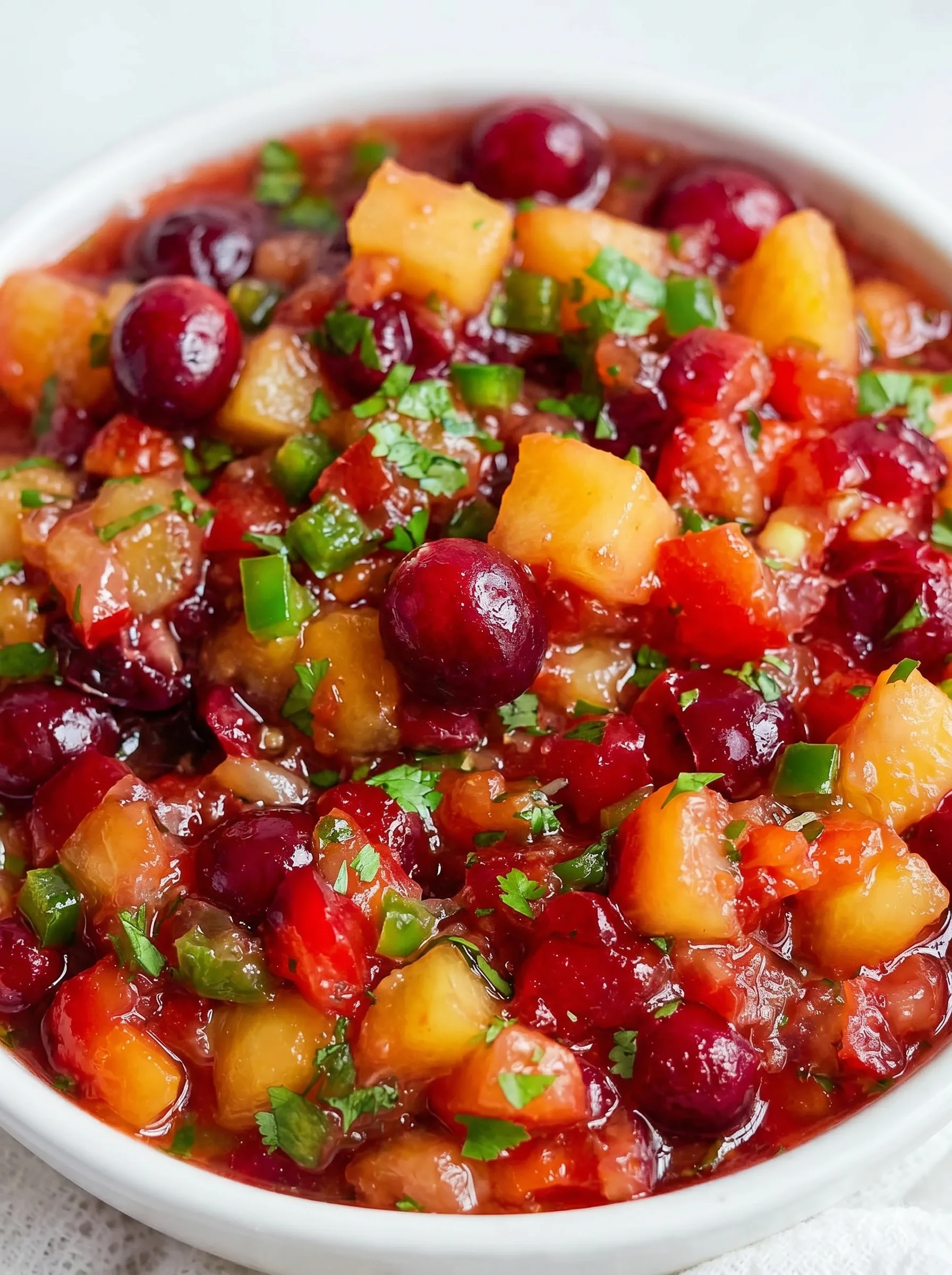 A bowl of salsa with peaches and cherries.