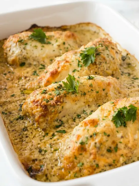 A dish of smothered cheesy sour cream chicken.
