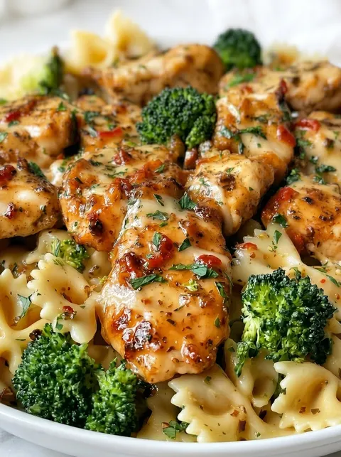 A plate of chicken with broccoli and a bowtie.