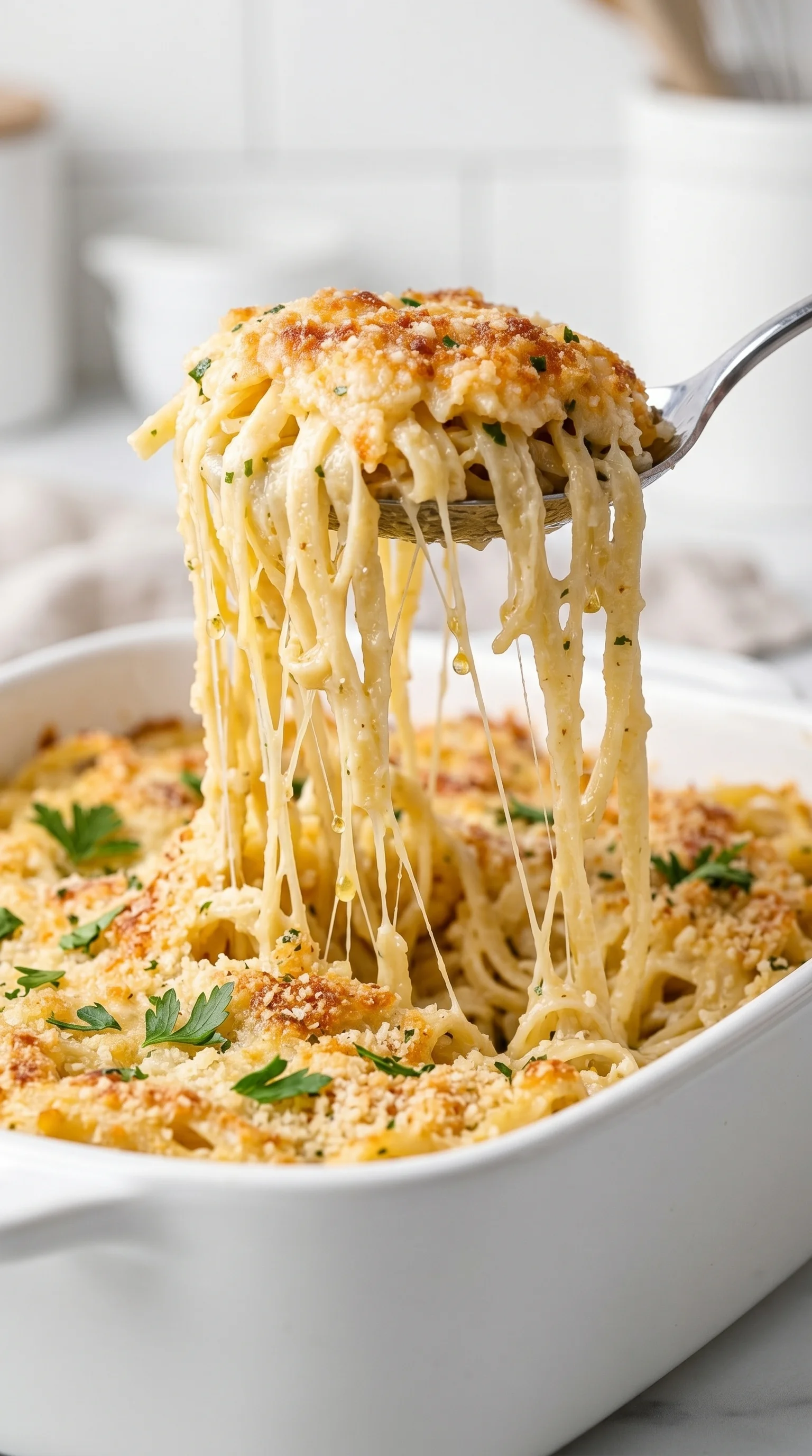 A fork is being used to eat a bowl of oven baked garlic parmesan noodles.