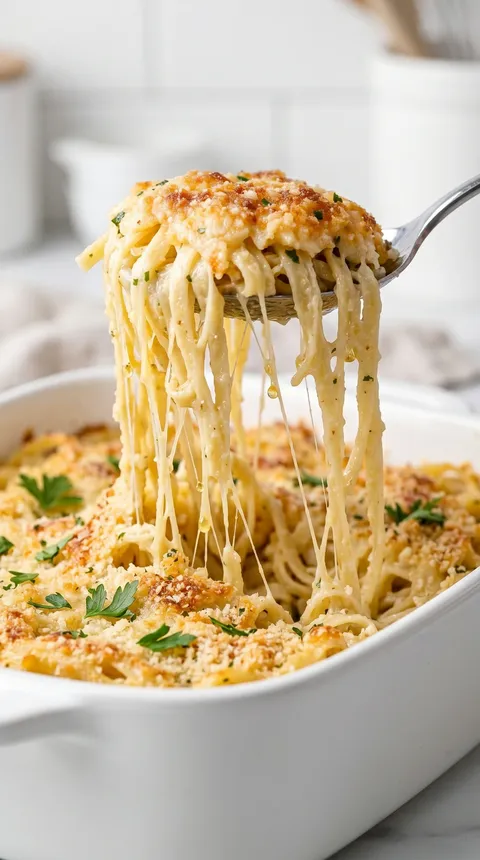 A fork is being used to eat a bowl of oven baked garlic parmesan noodles.